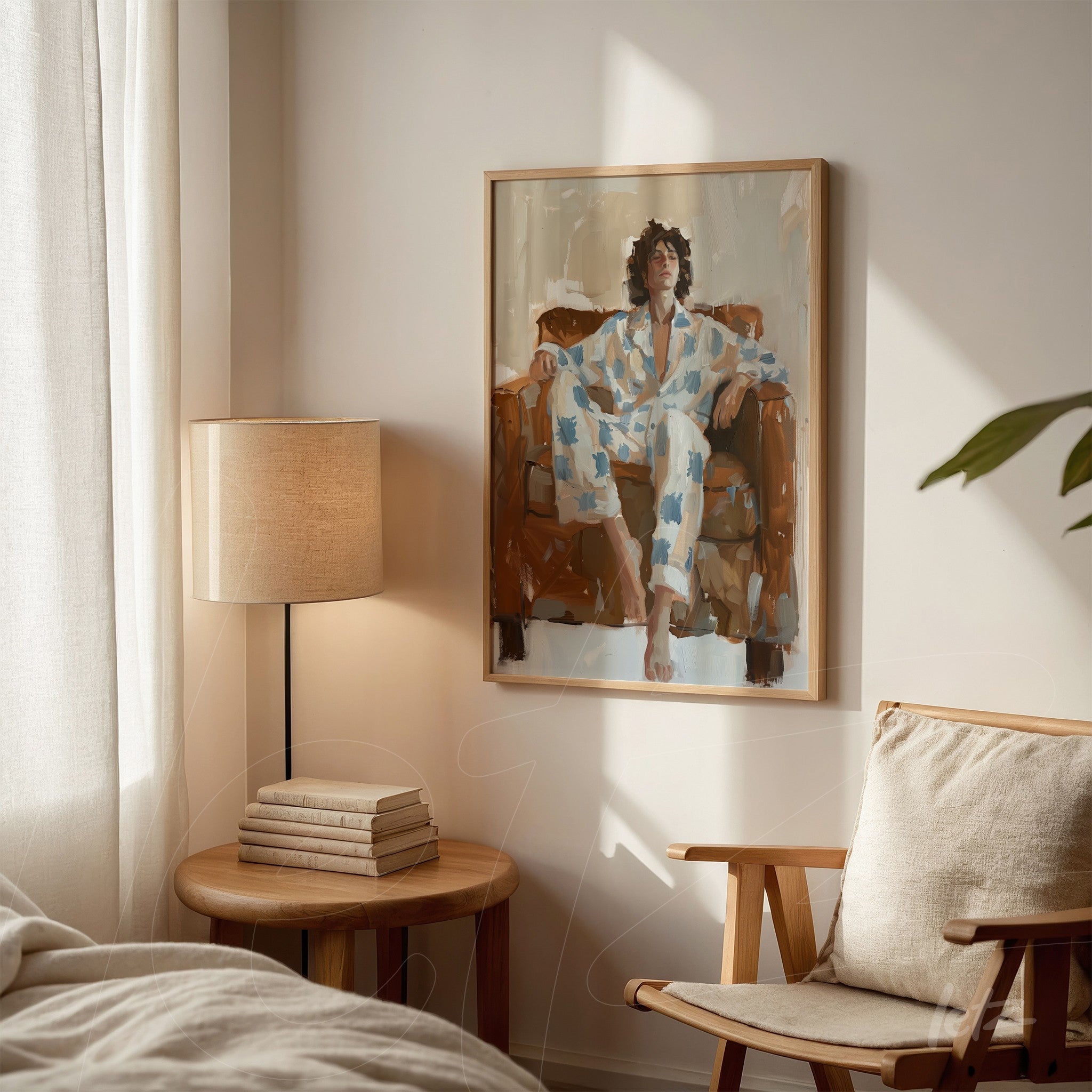 framed artwork featuring a stylized portrait of a woman sitting on a sofa in a cozy setting