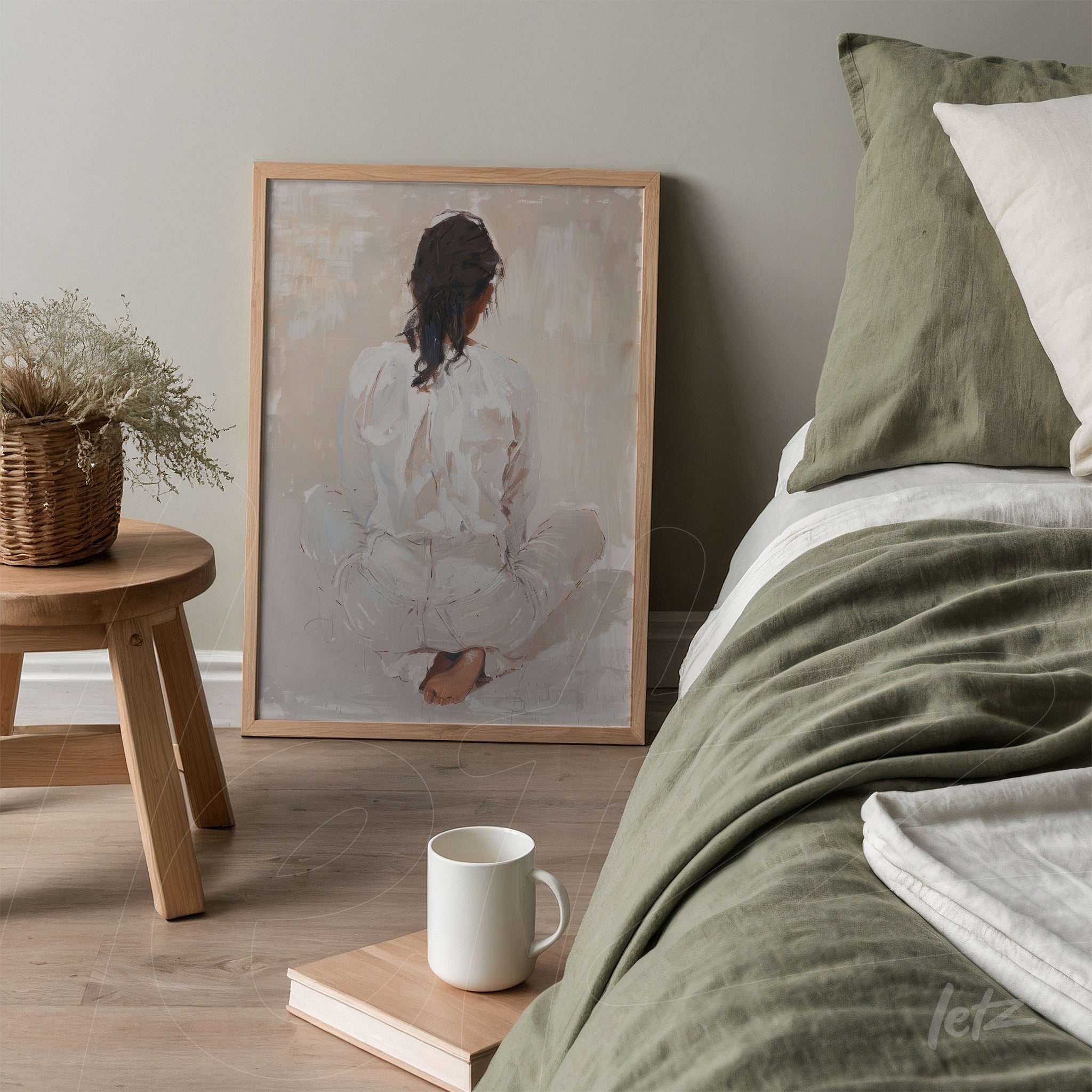 framed minimalist art of a seated female silhouette in a neutral background displayed next to a bed with green bedding