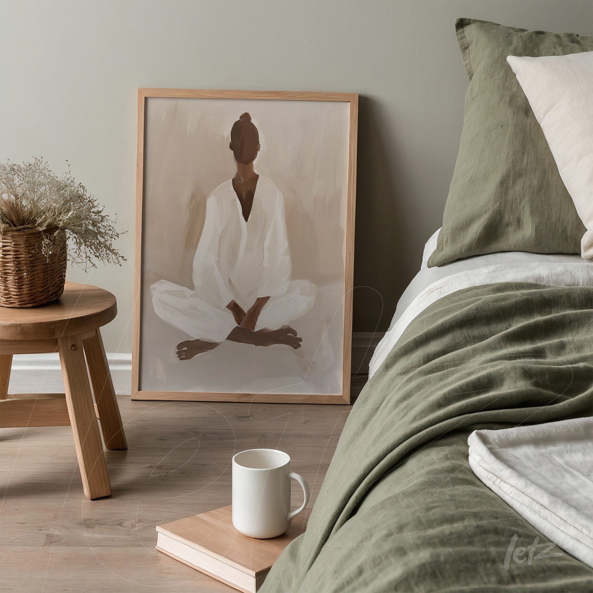 framed minimalist artwork of a meditating figure in light wood frame on a bed with green bedding