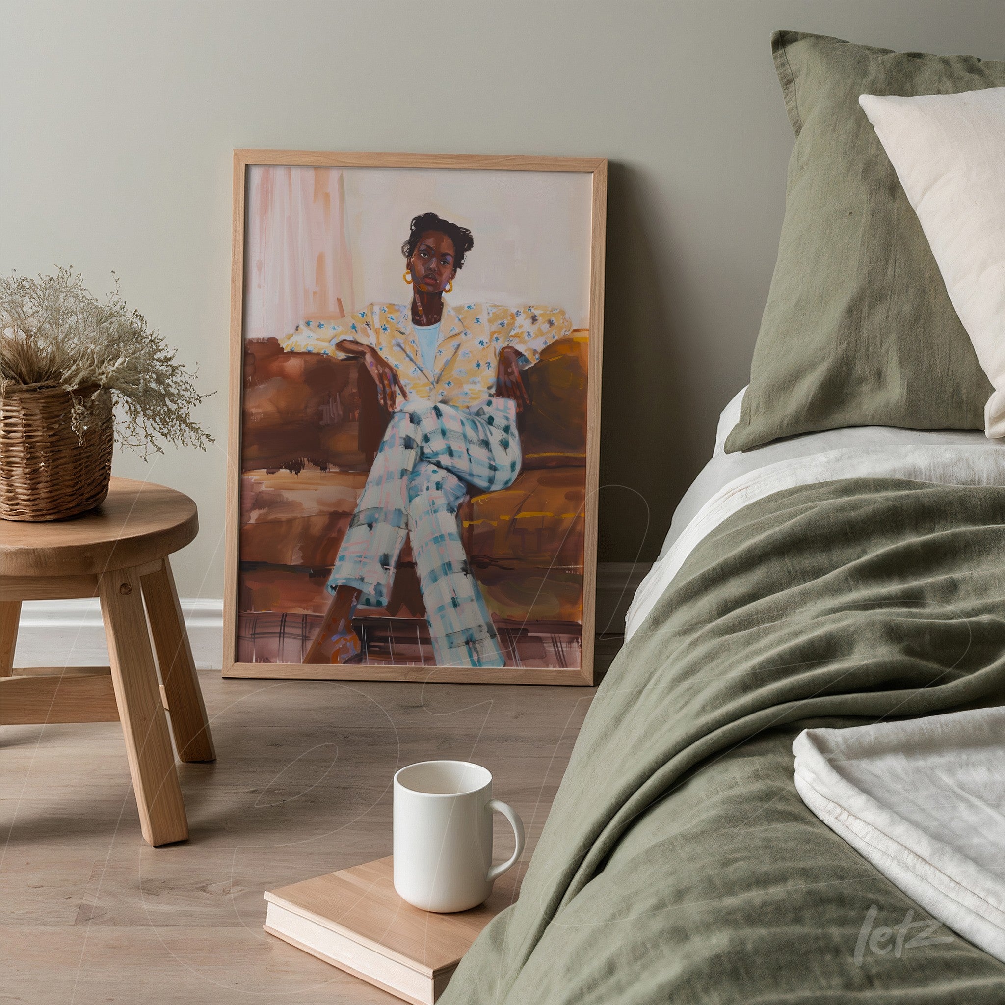 framed colorful portrait of a seated woman on a sofa with light wood frame displayed next to a bed featuring neutral-toned bedding