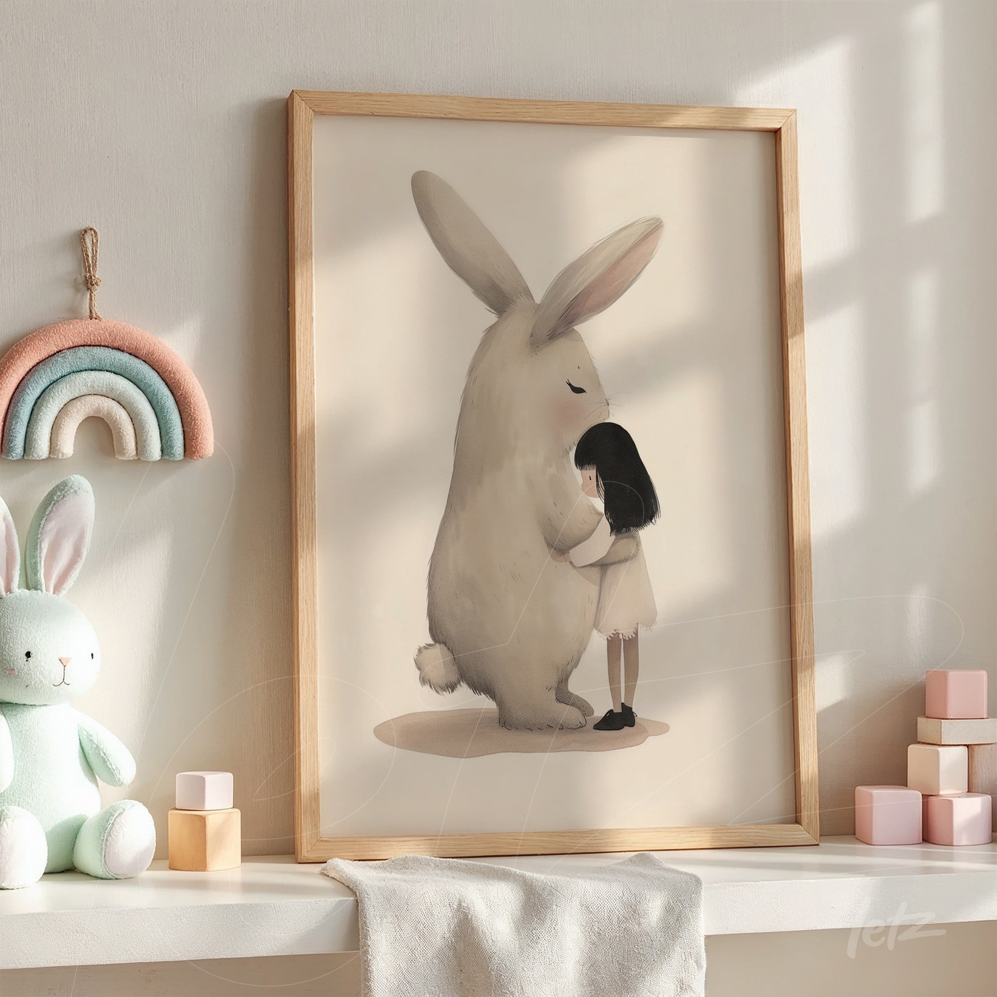 framed artwork featuring a girl hugging a large white rabbit with a light wood frame displayed on a shelf with decorative items