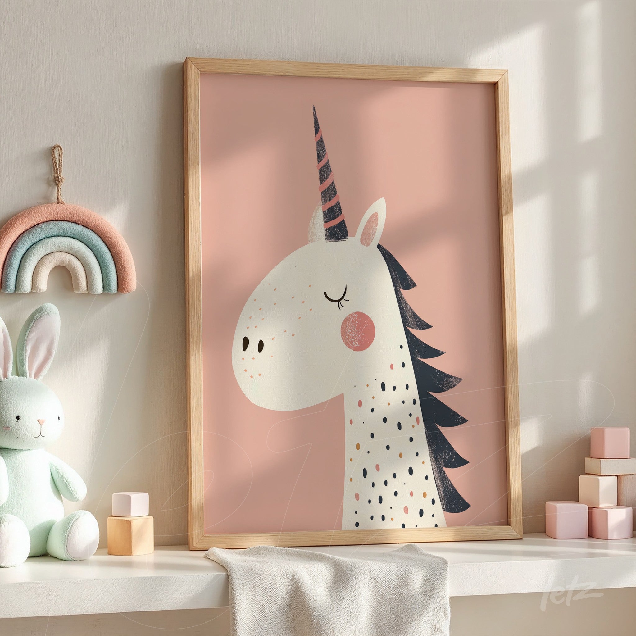 framed artwork of a unicorn on a pink background with light wood frame
