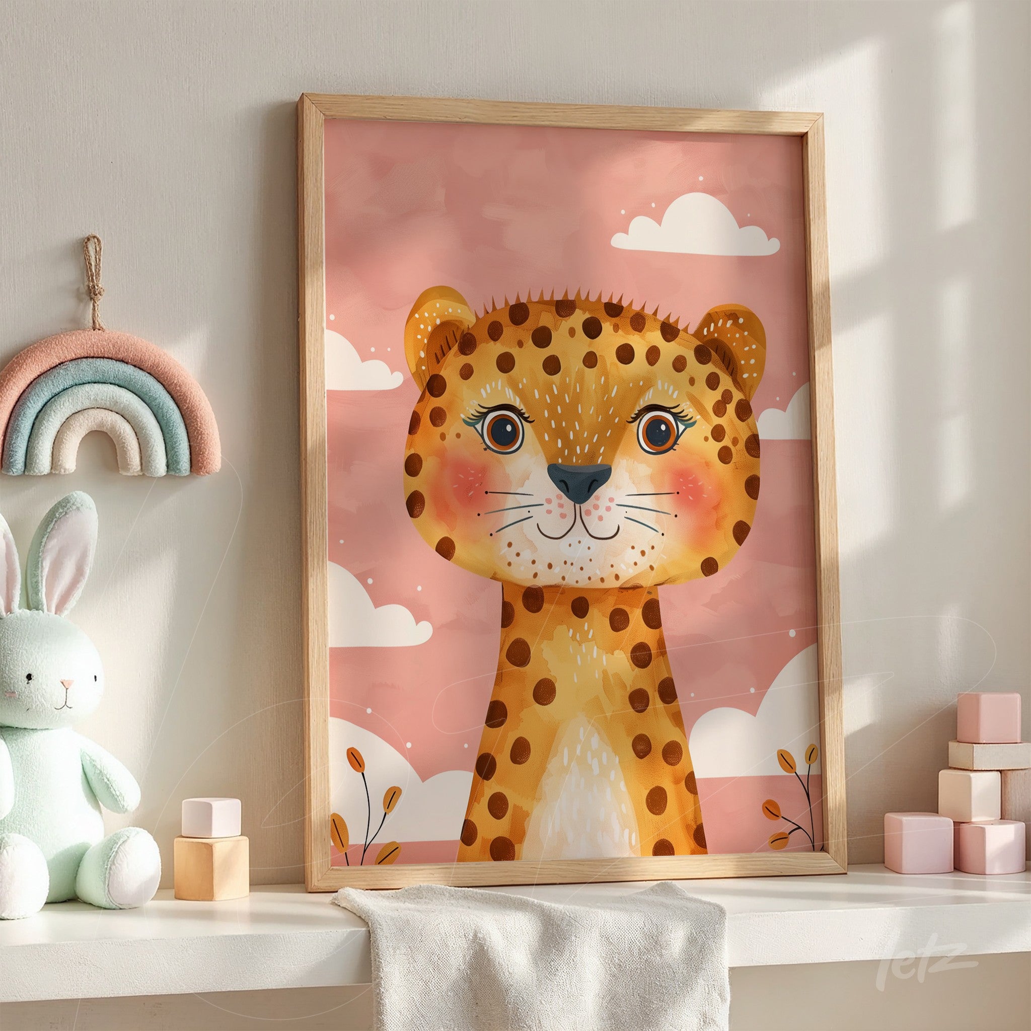 framed artwork of a leopard illustration on pink background with clouds and light wood frame
