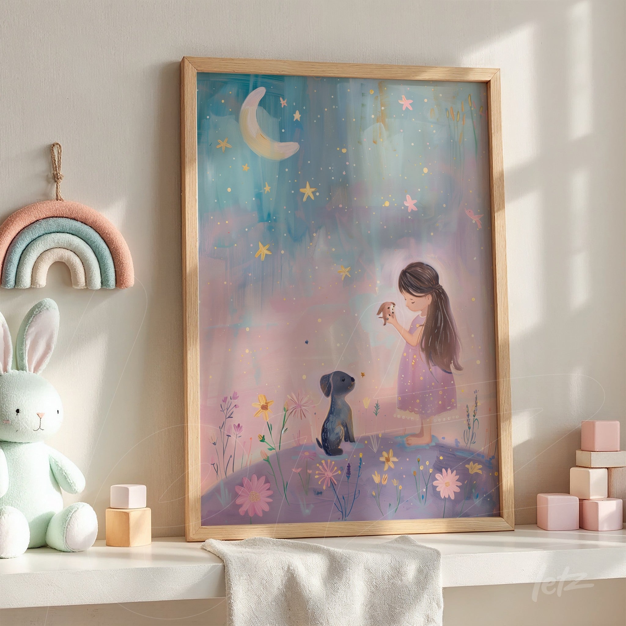 framed art featuring a child holding a flower beside a dog in front of a starry sky with pastel colors and a light wooden frame