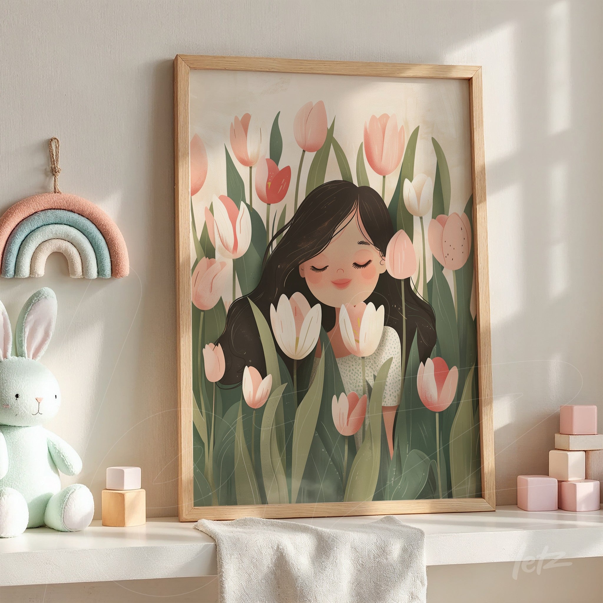 framed art print of a girl surrounded by flowers with light wood frame