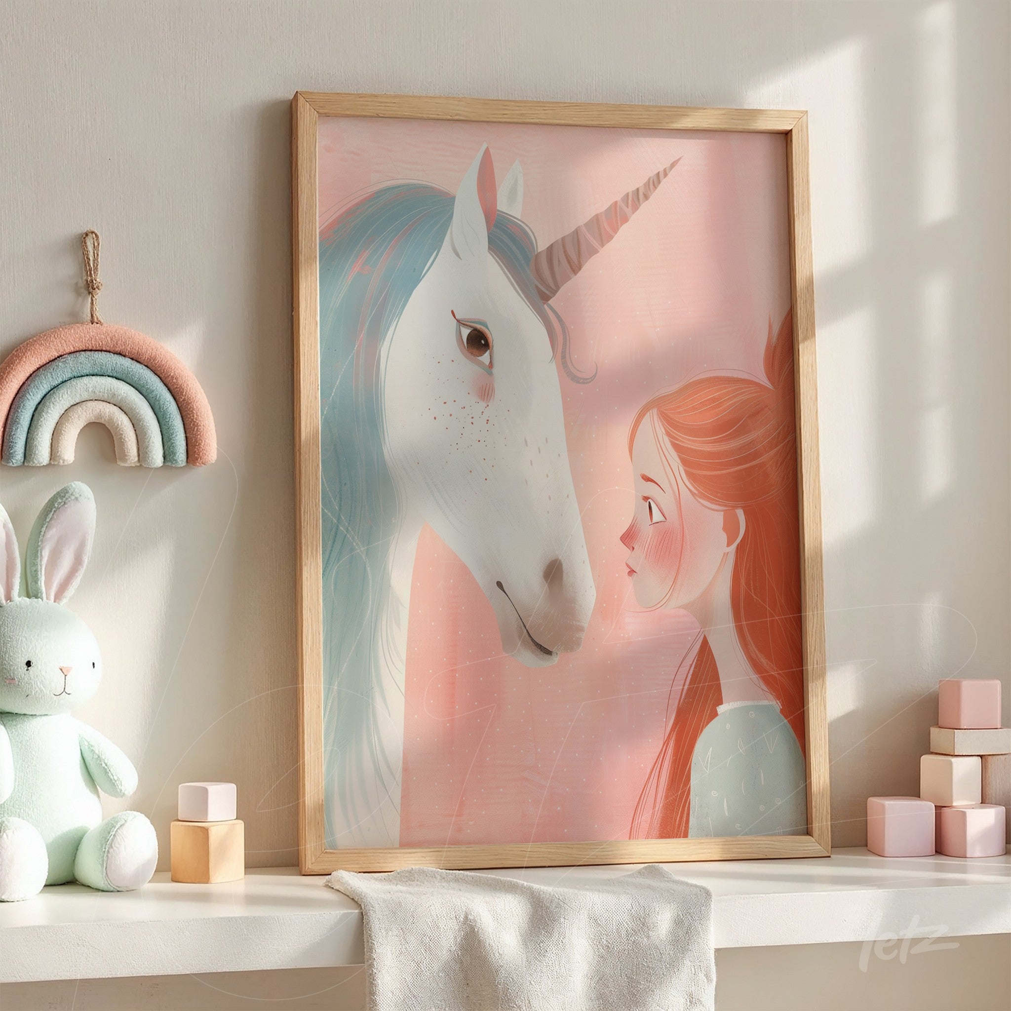 framed wall art featuring an illustration of a unicorn and a red-haired girl with a pink background and light wood frame