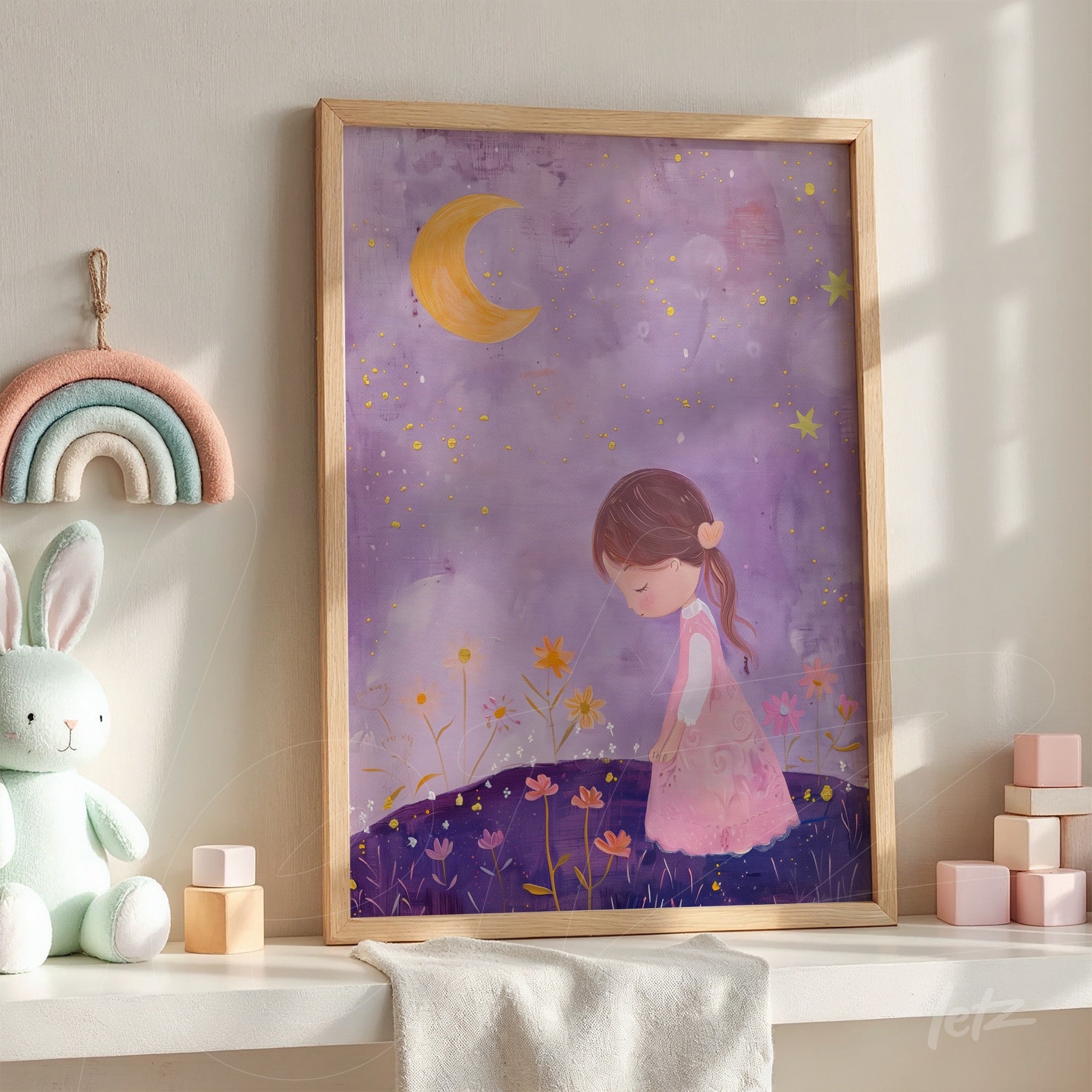 framed children's art featuring a girl in a light dress in a nighttime setting with a moon and flowers