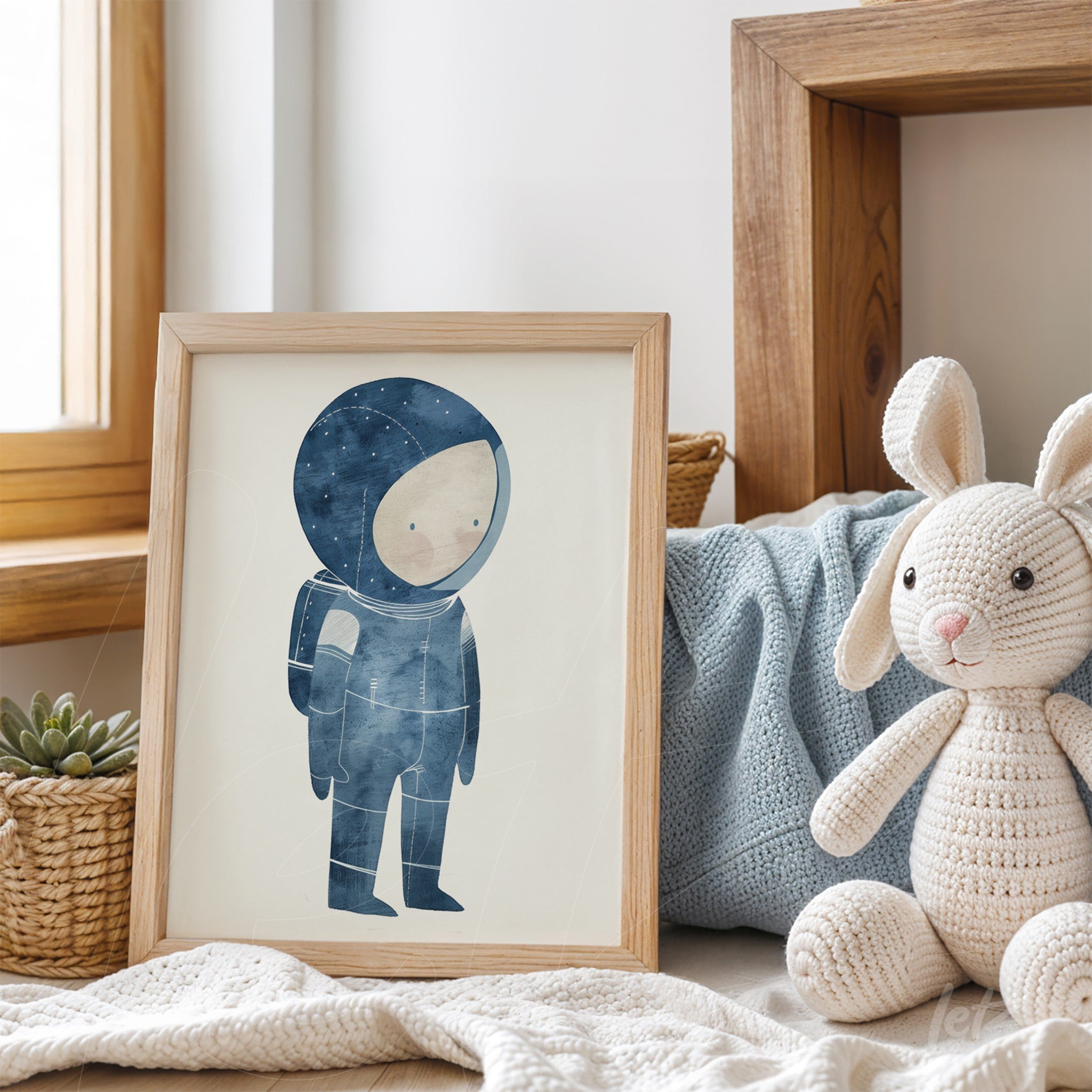 framed wall art featuring a blue-toned astronaut illustration in a light wood frame, displayed on a decorative surface