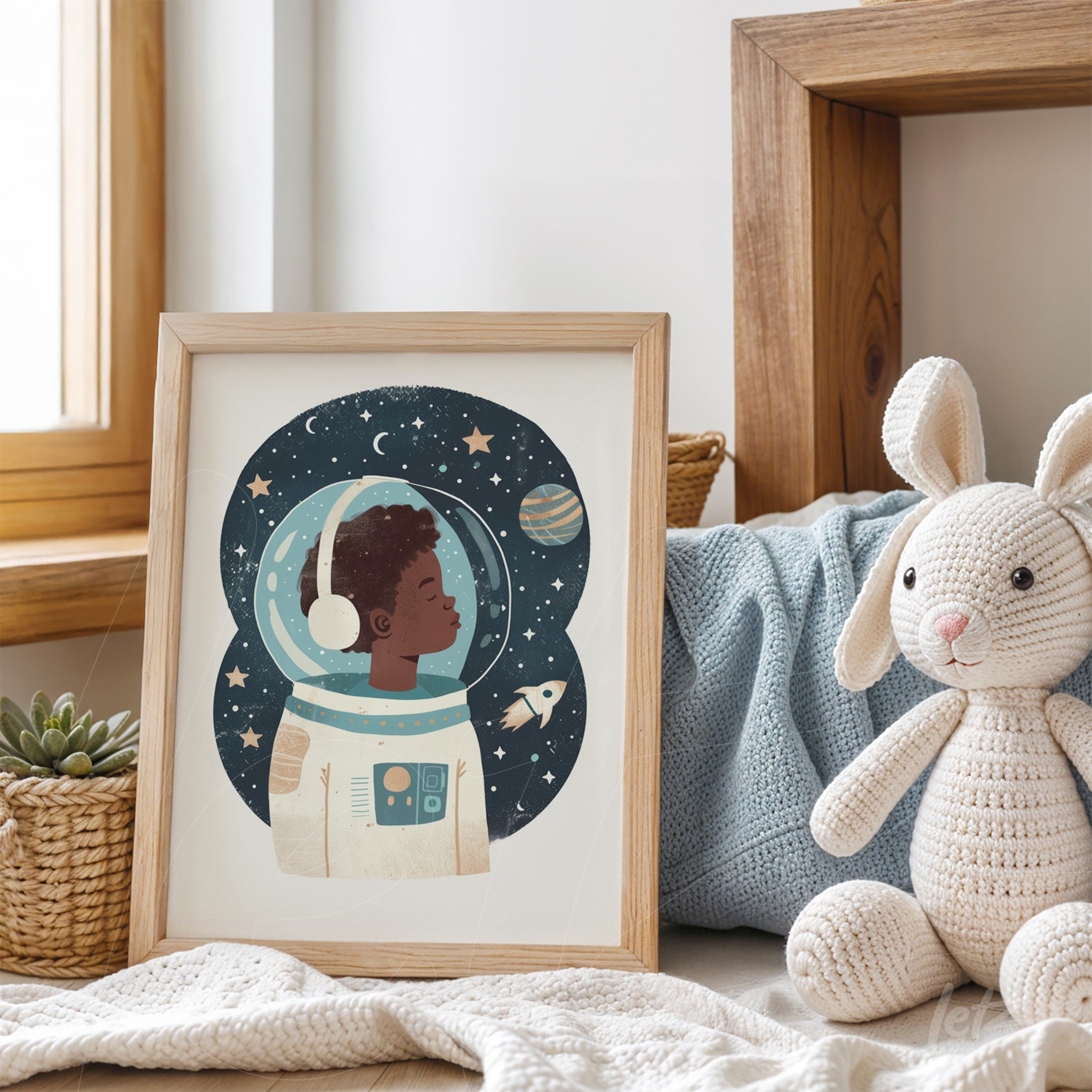 framed art of a child astronaut against a starry background with a light wooden frame displayed on a table with toys