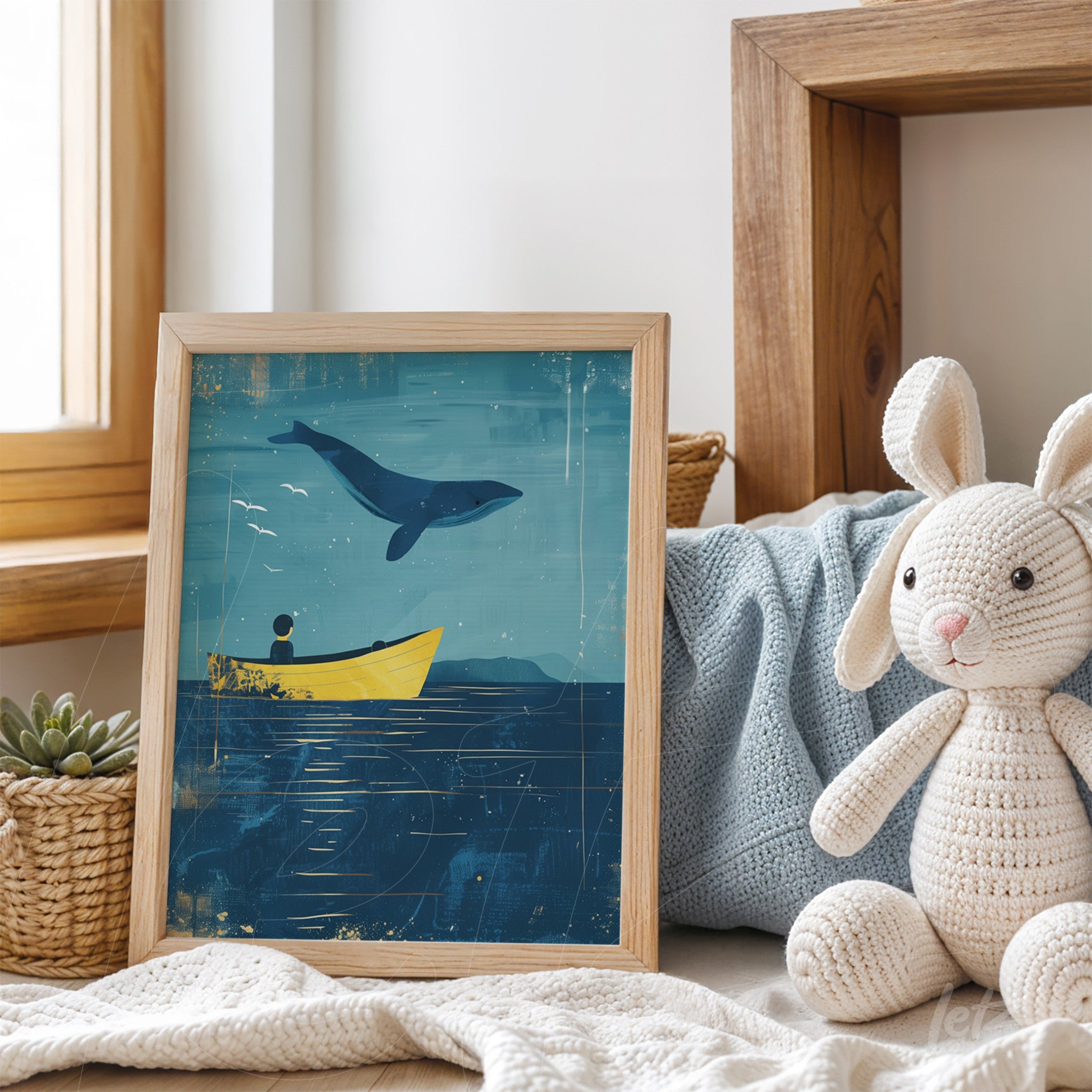 framed artwork depicting a whale jumping over the sea with a blue background in a light wood frame displayed on a couch with blankets