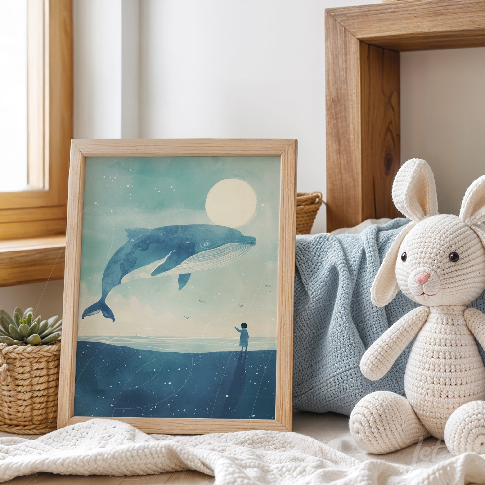 framed artwork of a blue whale against a light blue background with a boy gazing up, displayed in a light wood frame