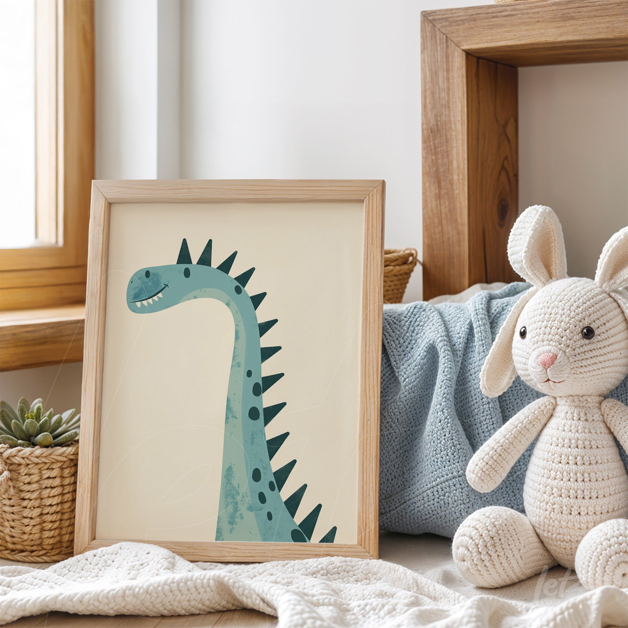 framed artwork of a dinosaur in a light wood frame, displayed on a sofa with pillows