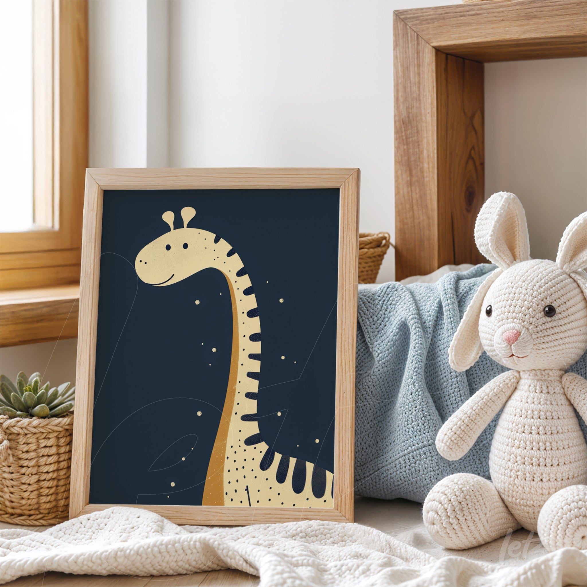 framed art of a stylized giraffe on a dark blue background with light wood frame