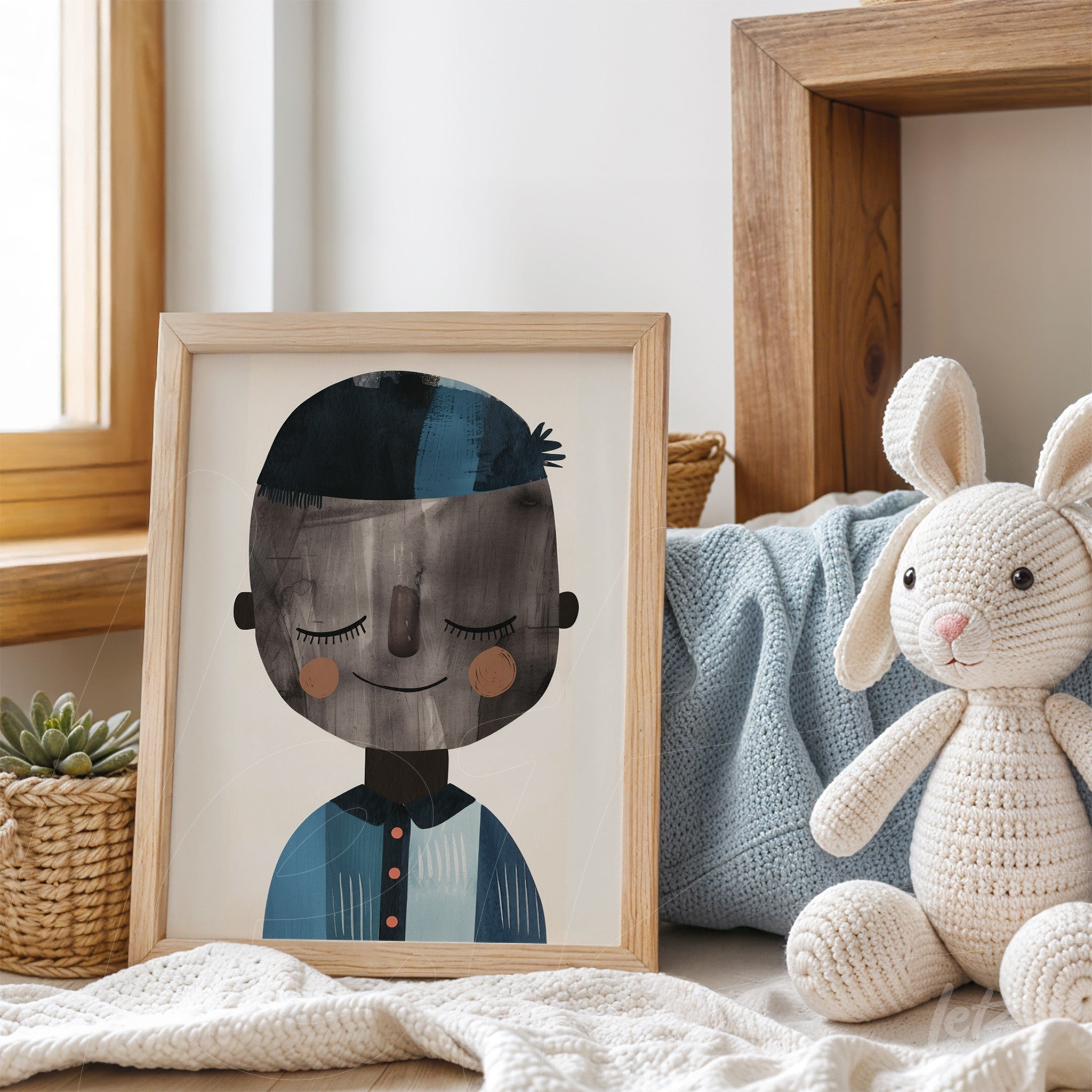 framed children's art of a calm boy with closed eyes, featuring a light wood frame and displayed on a shelf next to a crocheted bunny