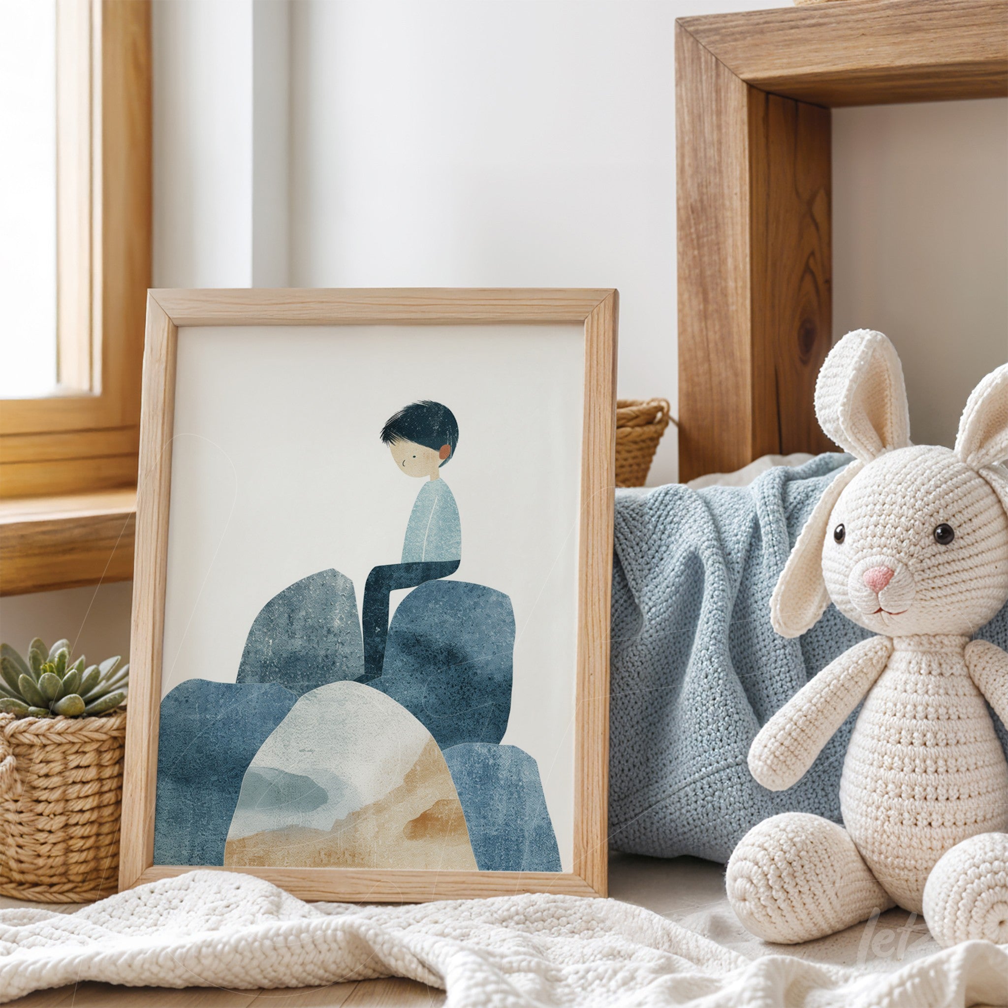 framed artwork of a boy sitting on blue stones with a light wood frame