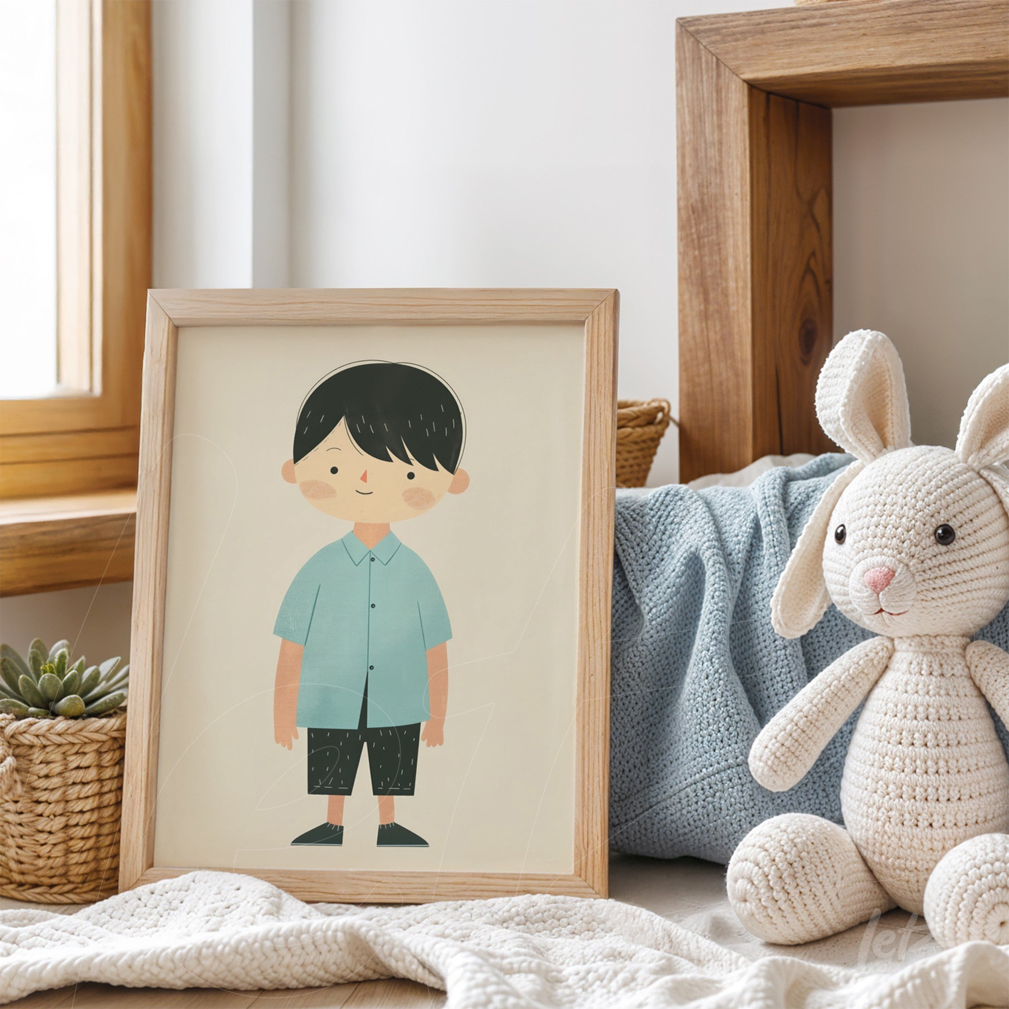 framed illustration of a boy wearing a blue shirt and dark pants in light wooden frame displayed in a cozy setting with a blue sofa and plush toy