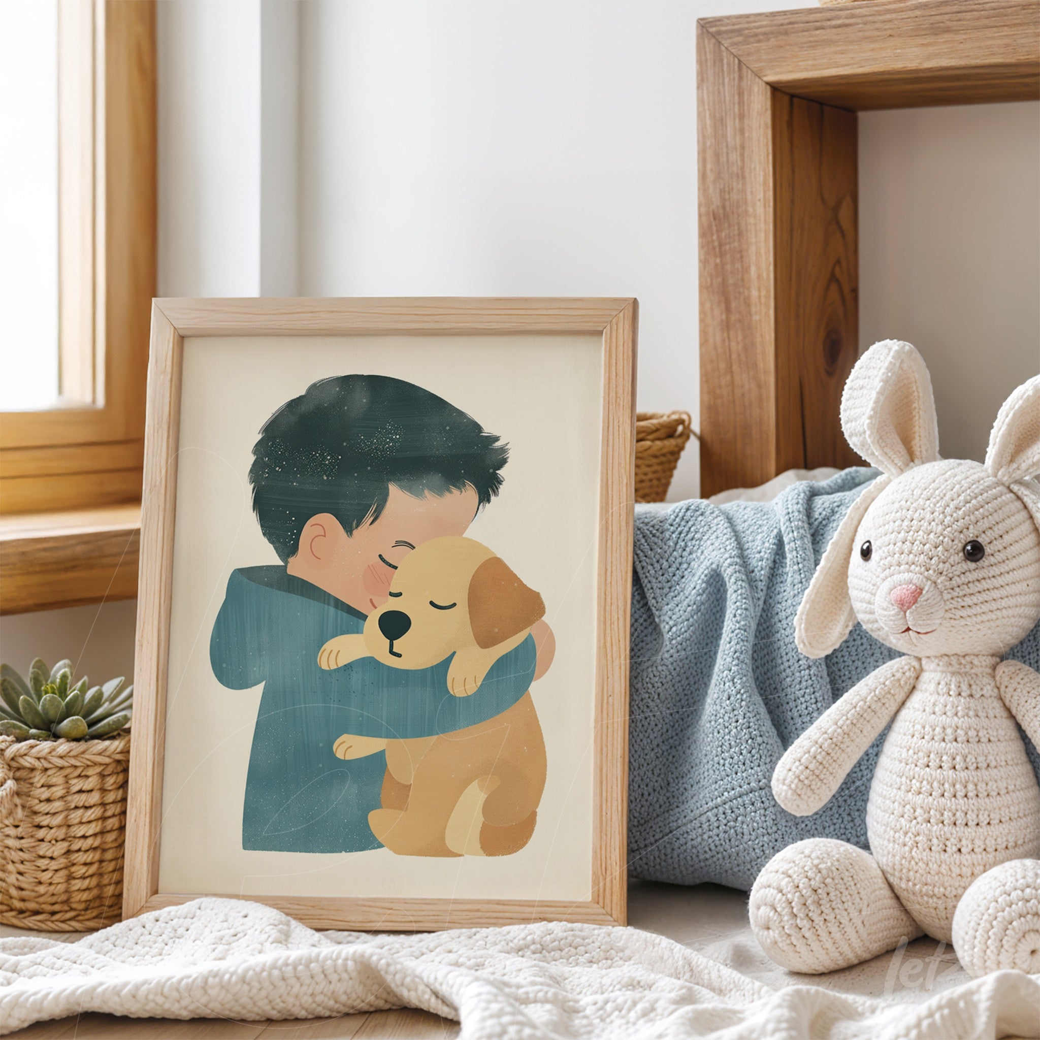 framed artwork of a boy hugging a dog with a light wood frame