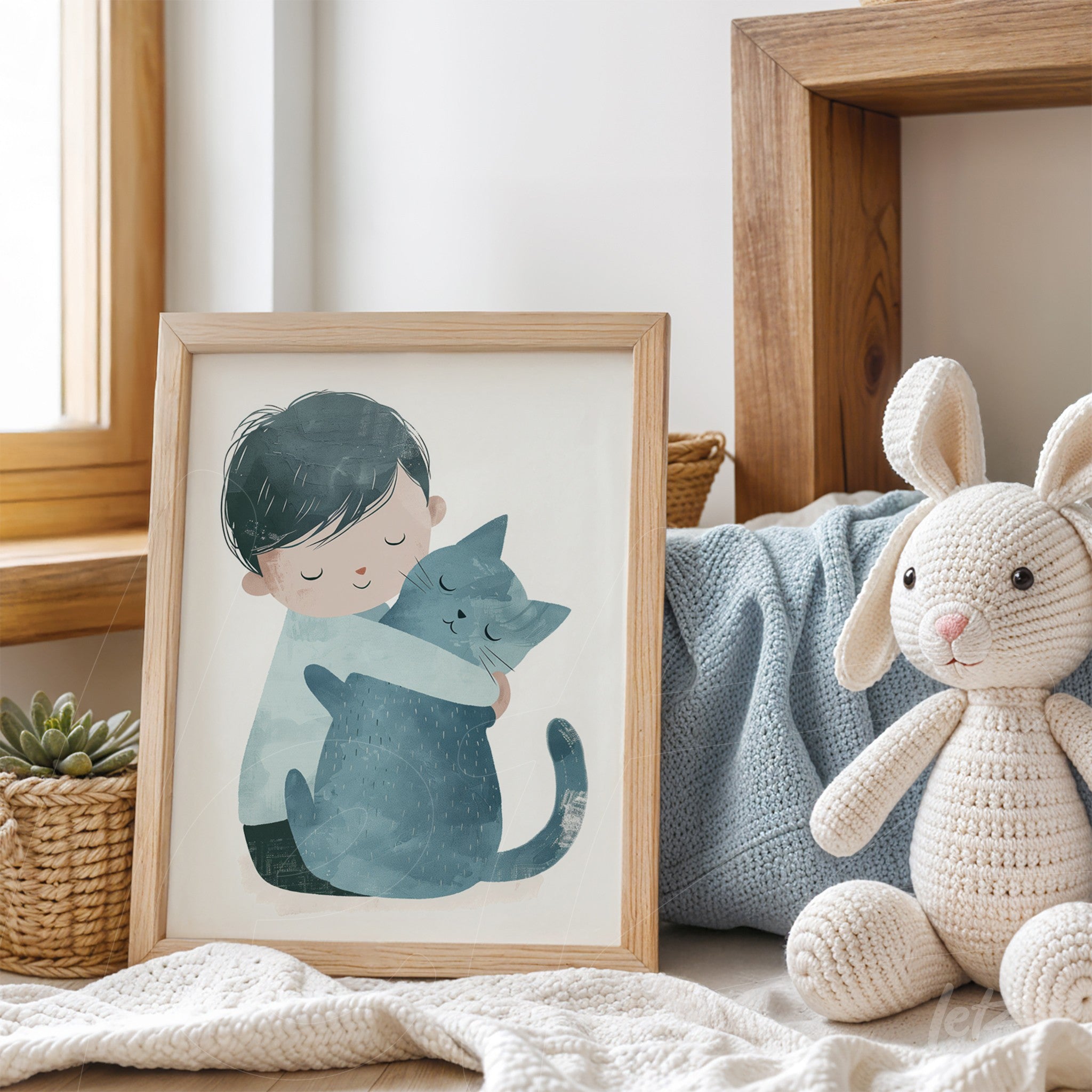 framed artwork of a boy hugging a blue cat with a light wooden frame