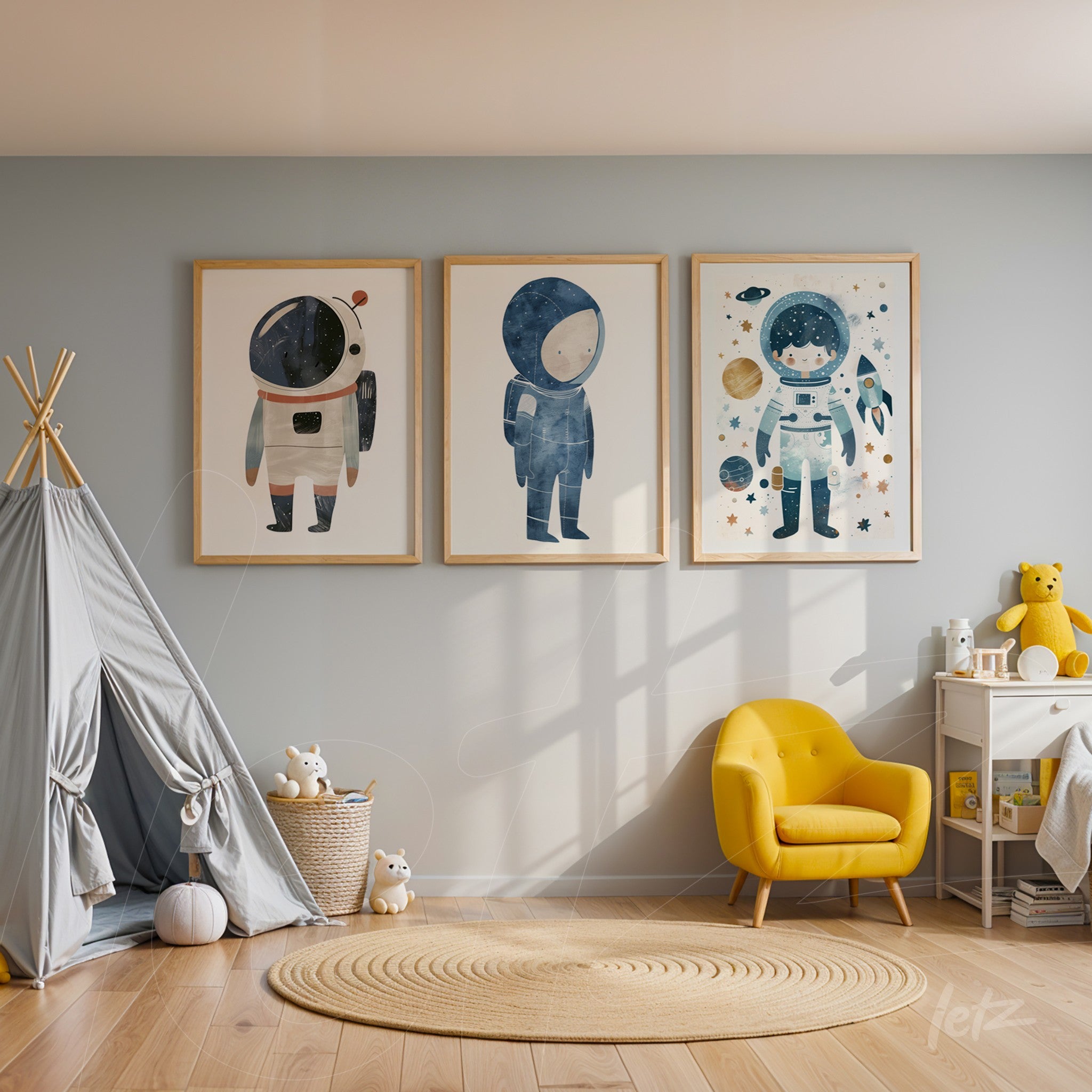 series of child-friendly wall art featuring astronaut illustrations in light wooden frames on blue wall