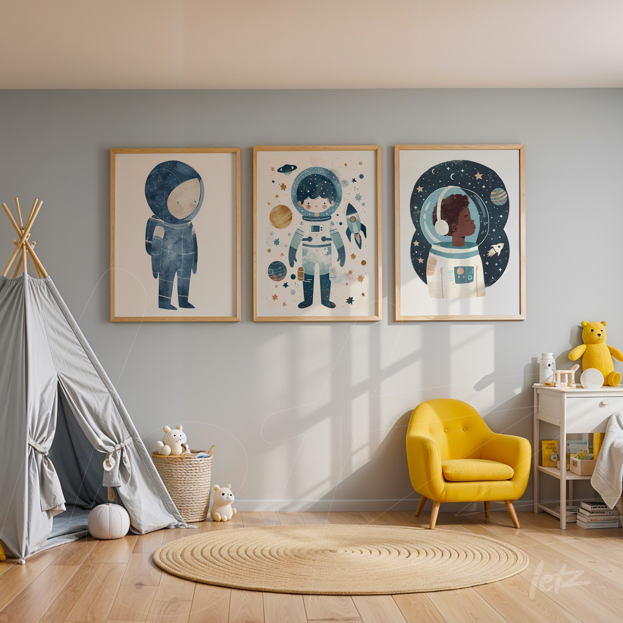 series of kids' wall art featuring astronauts in light wooden frames on blue wall with a play corner beside