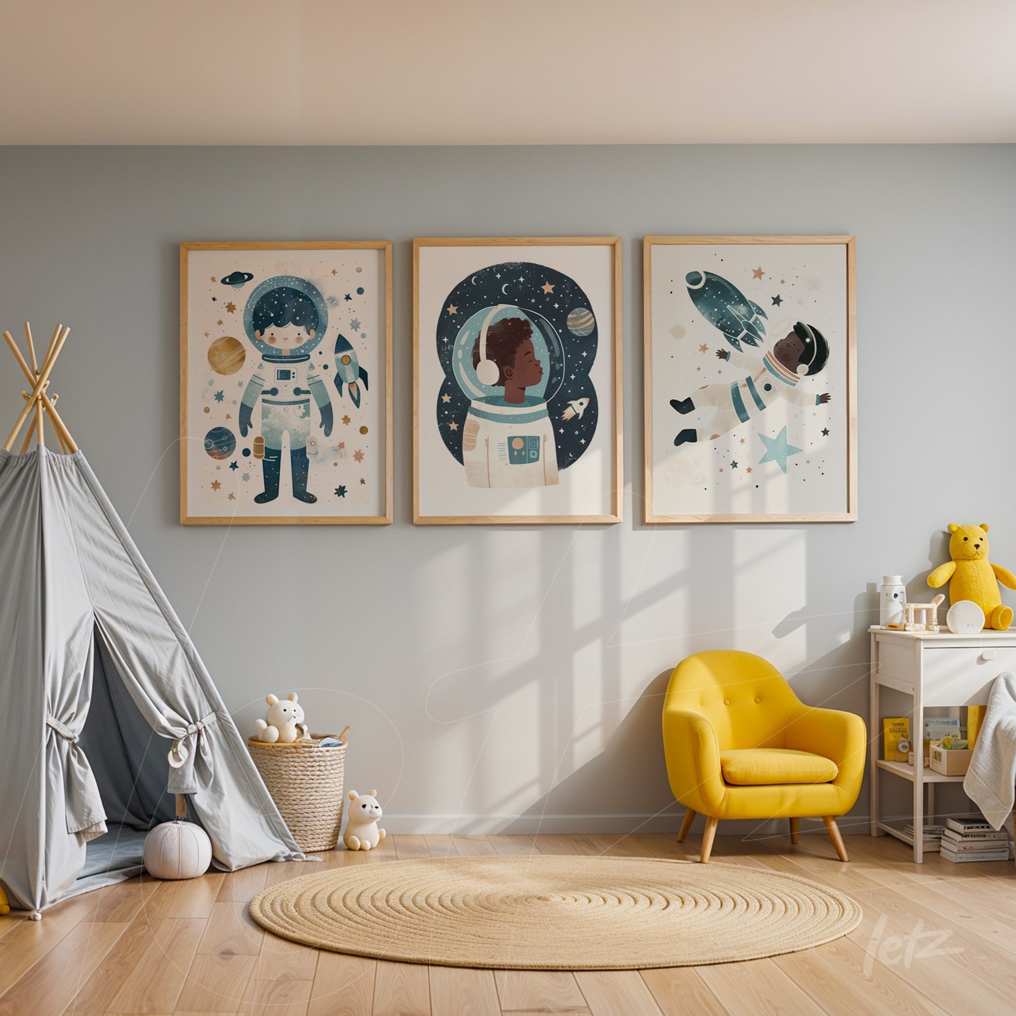 collection of three framed illustrations of astronauts with light wood frames displayed on a light blue wall