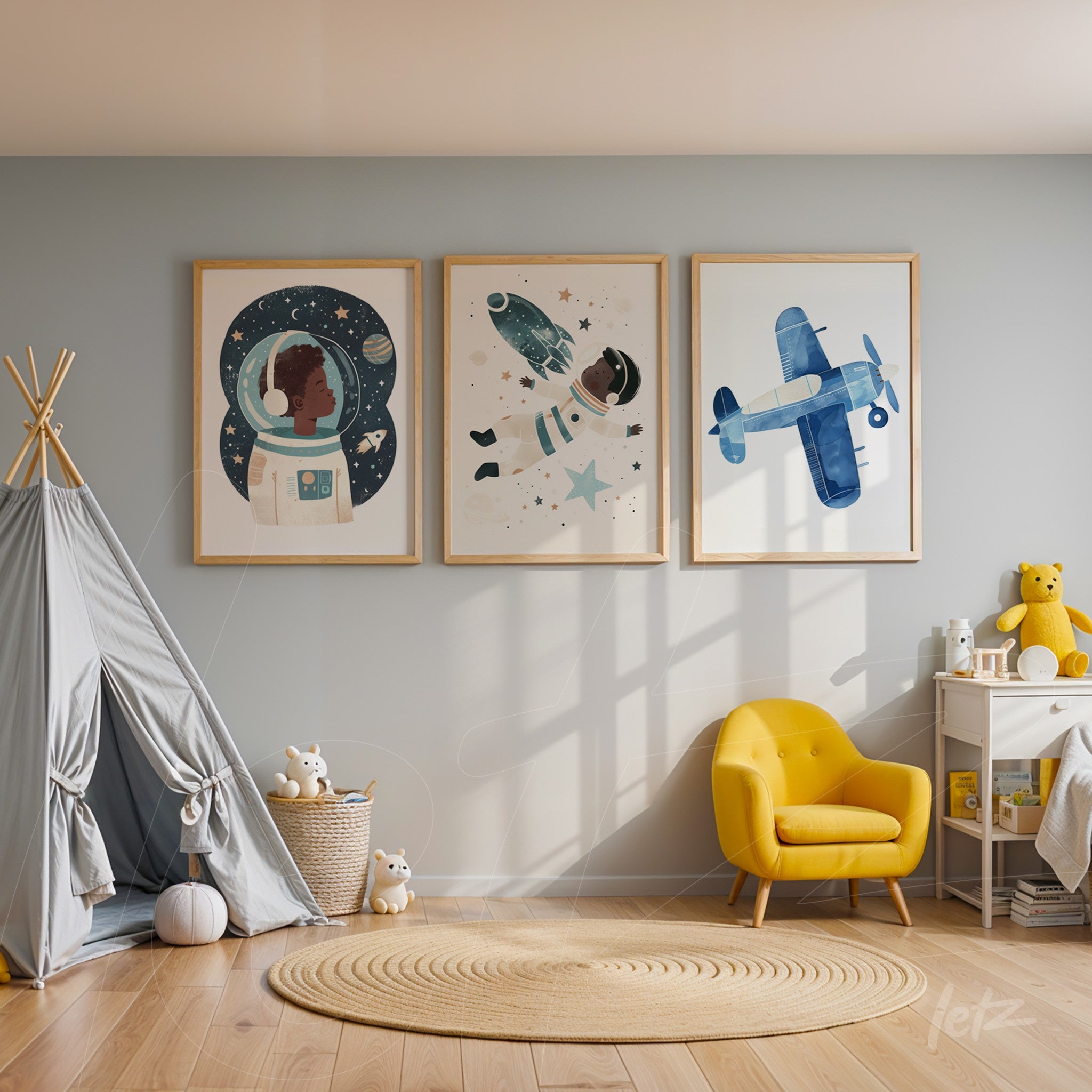 set of three framed artworks featuring illustrations of an astronaut, rocket, and airplane against a soft pastel background
