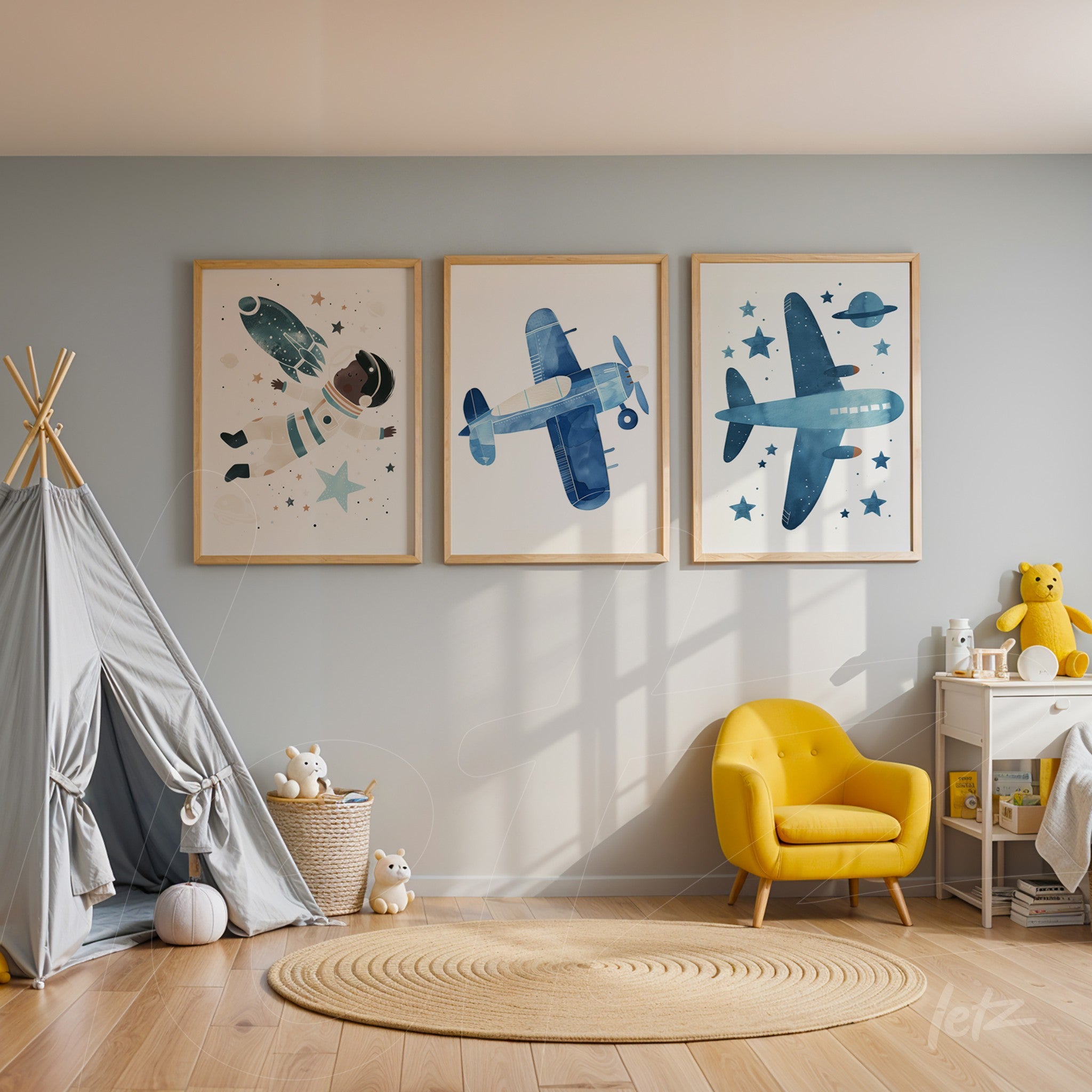 set of three framed artworks featuring an astronaut, a blue airplane, and a spaceship with stars on a light background