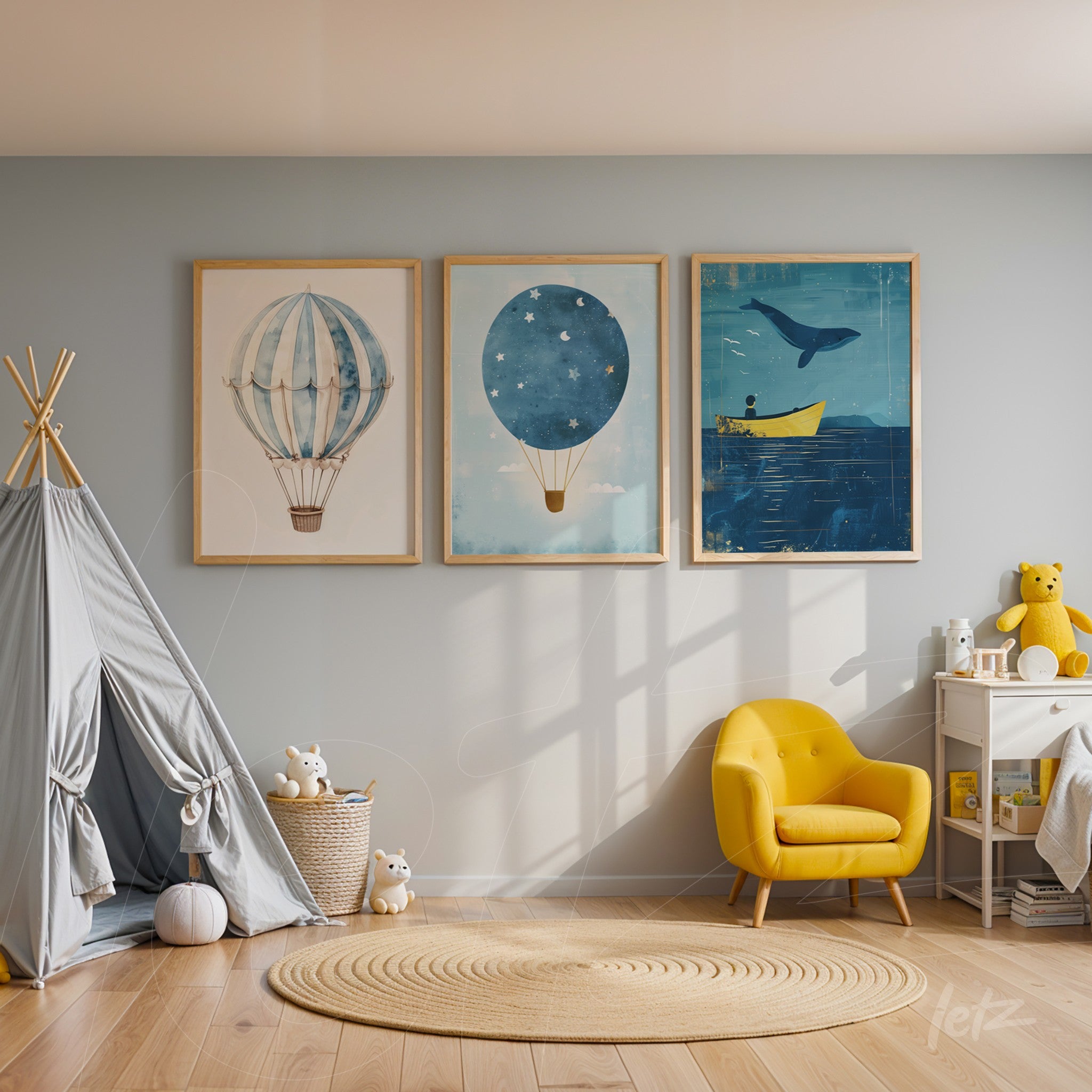 collection of framed wall art featuring hot air balloons in light wood frames displayed in a children's room with a yellow chair and play area