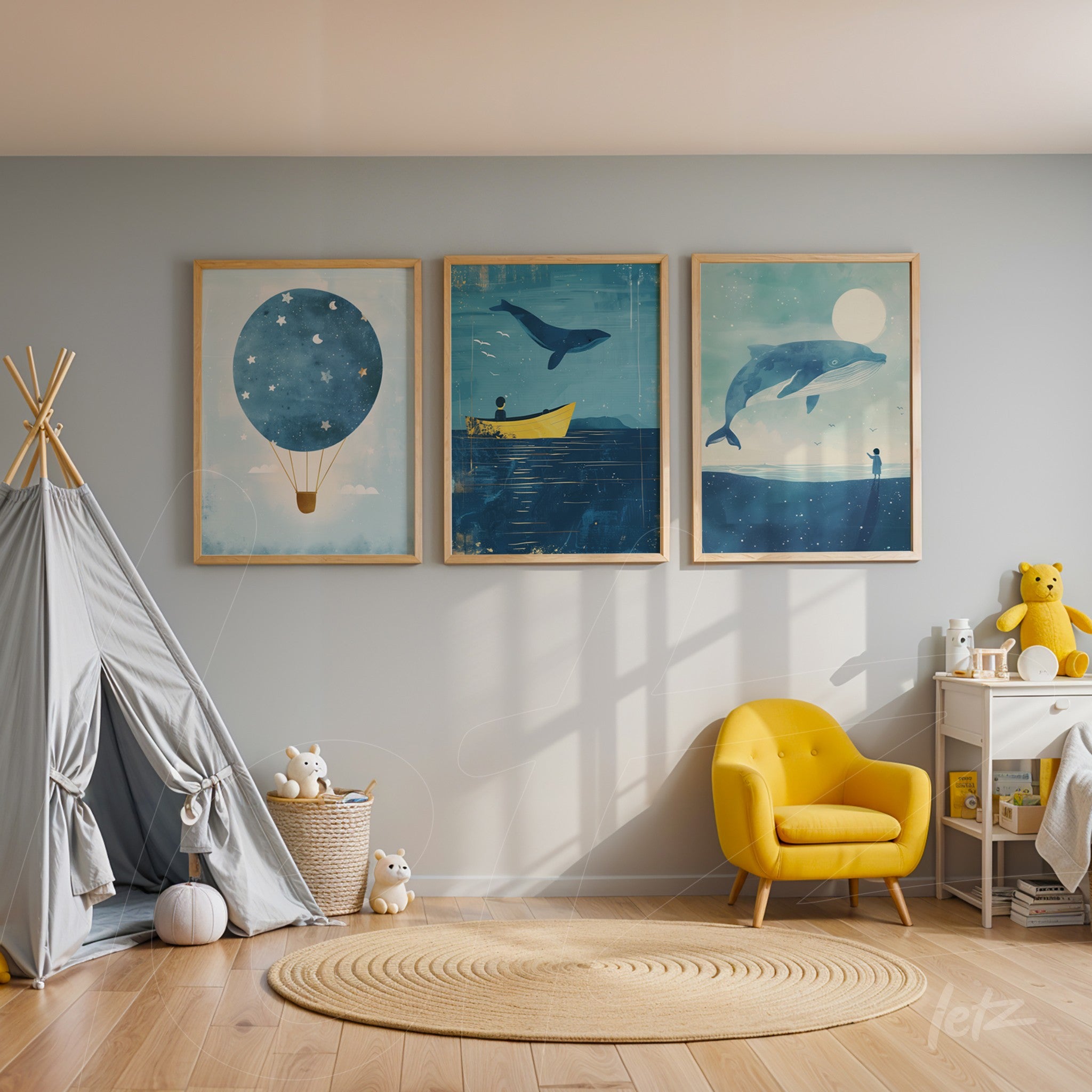 collection of three decorative frames featuring blue illustrations of a hot air balloon, whales, and a sailor, displayed against a neutral wall with light wooden frames
