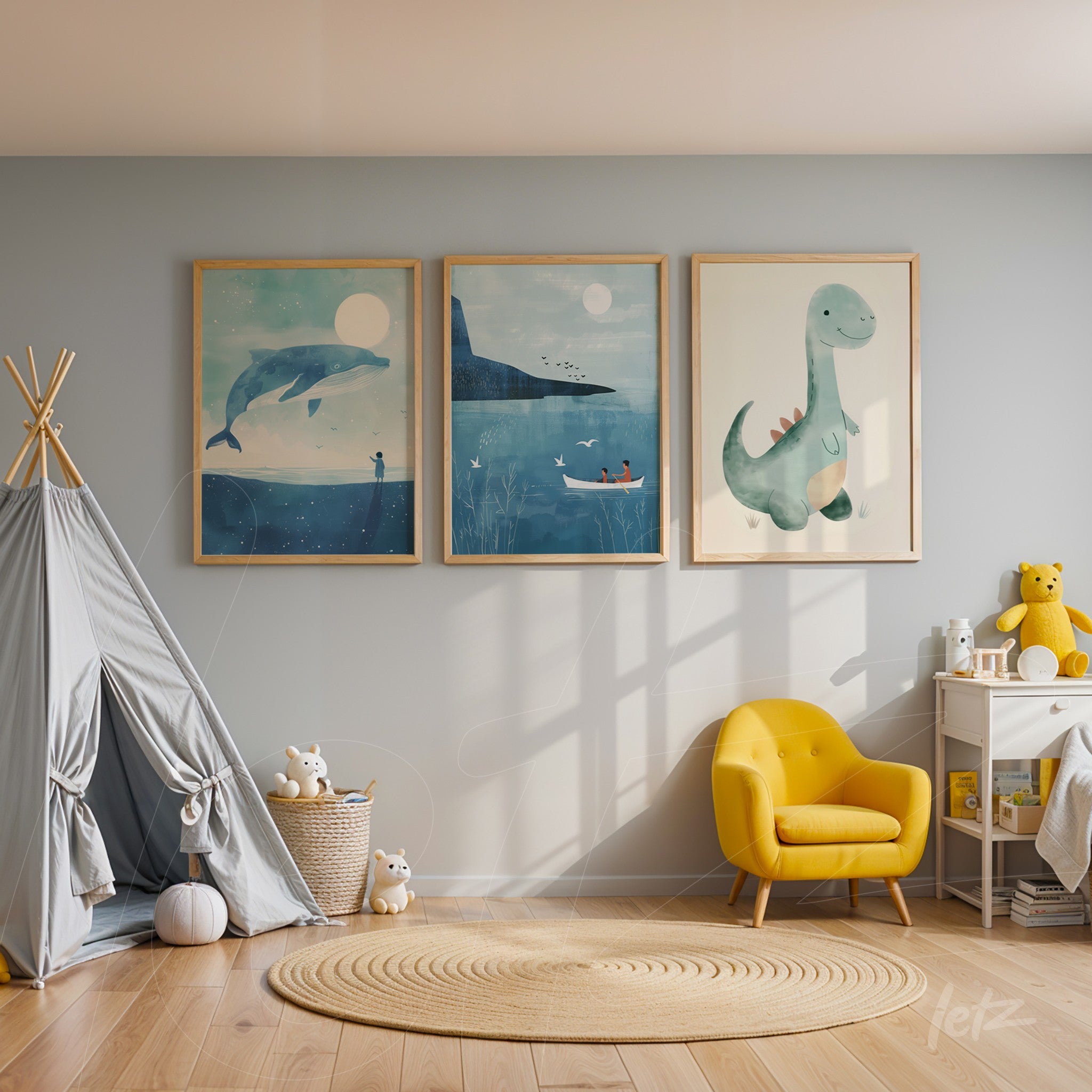 children's art series featuring dinosaur and marine life themes in light wooden frames displayed in a bright, cozy room
