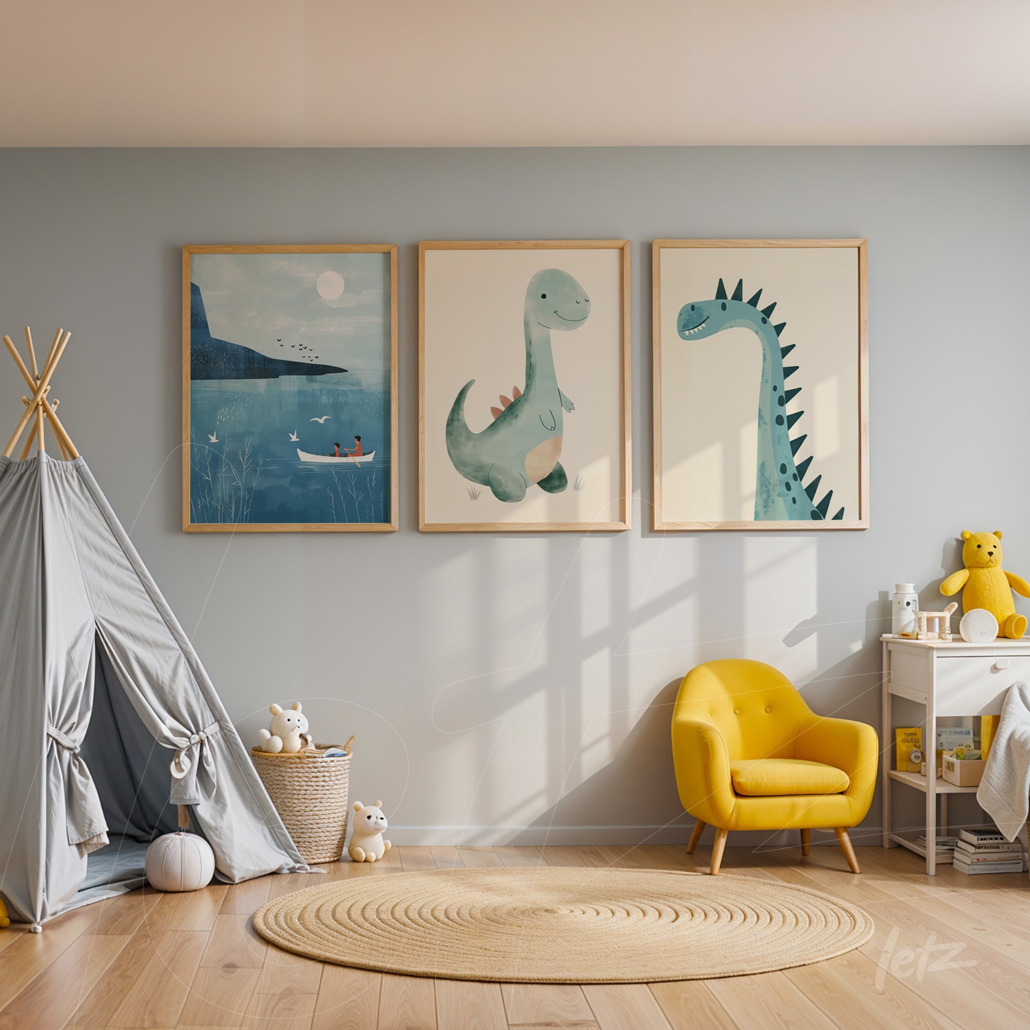 set of framed wall art featuring dinosaur themes in light wood frames displayed on a light blue wall