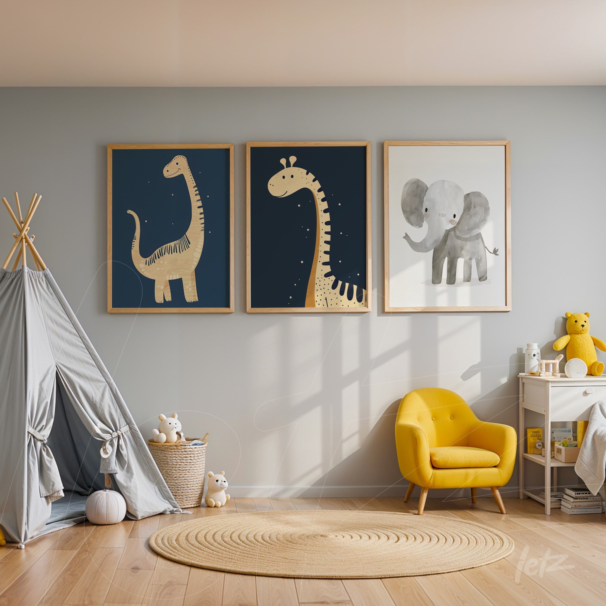 composition of three children's artworks featuring giraffe illustrations and an elephant, light wood frames displayed in a playful nursery environment with decorative elements