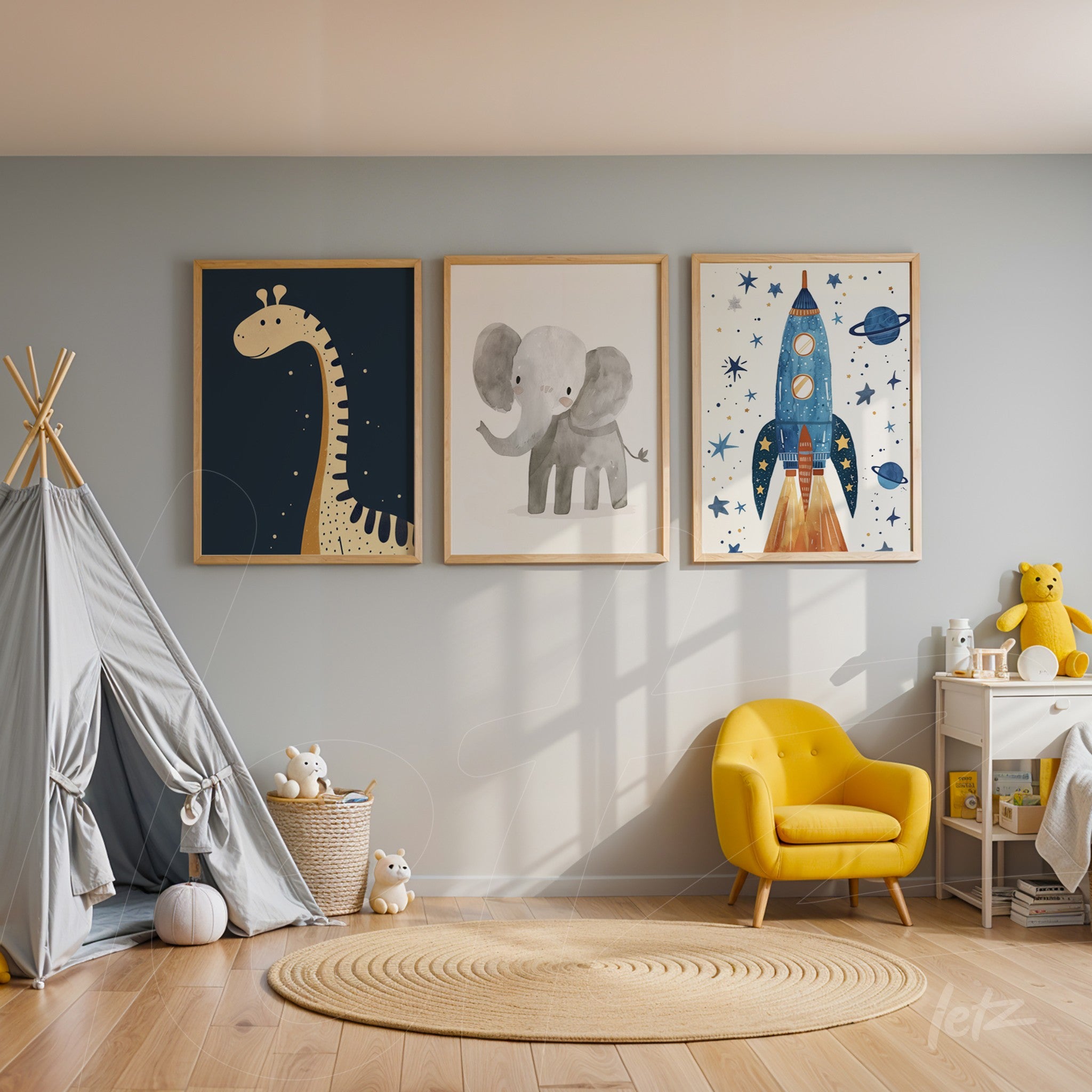 composition of framed wall art featuring illustrations of a giraffe, an elephant, and a rocket on a light blue wall