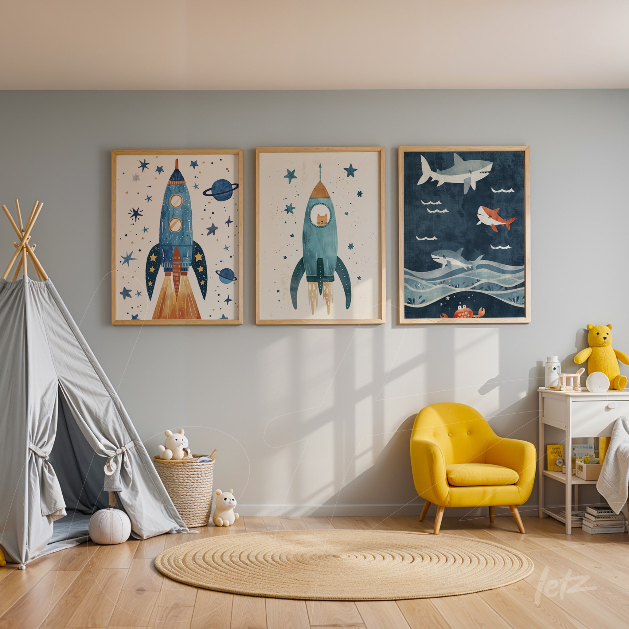 collection of children's wall art featuring rocket and sea animal illustrations in light frames on a blue wall