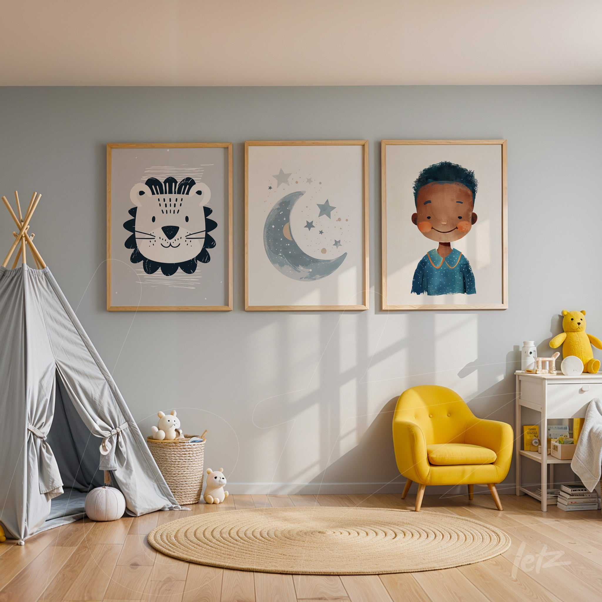 set of three children wall art pieces featuring illustrations of a lion, moon, and boy in light wooden frames displayed on a soft blue wall next to a cozy play corner