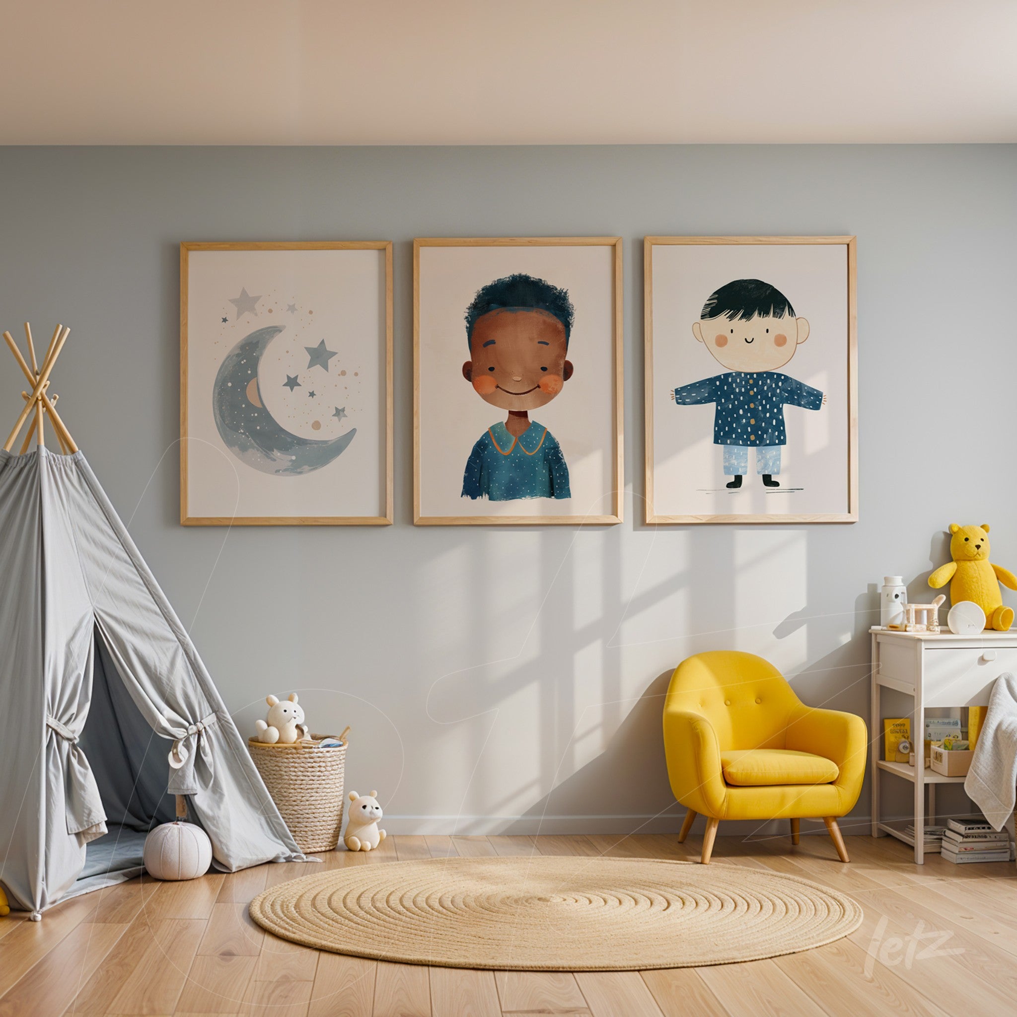series of children's artworks featuring a happy boy, a moon with stars, and a child in pajamas displayed on light blue wall with light wood frames