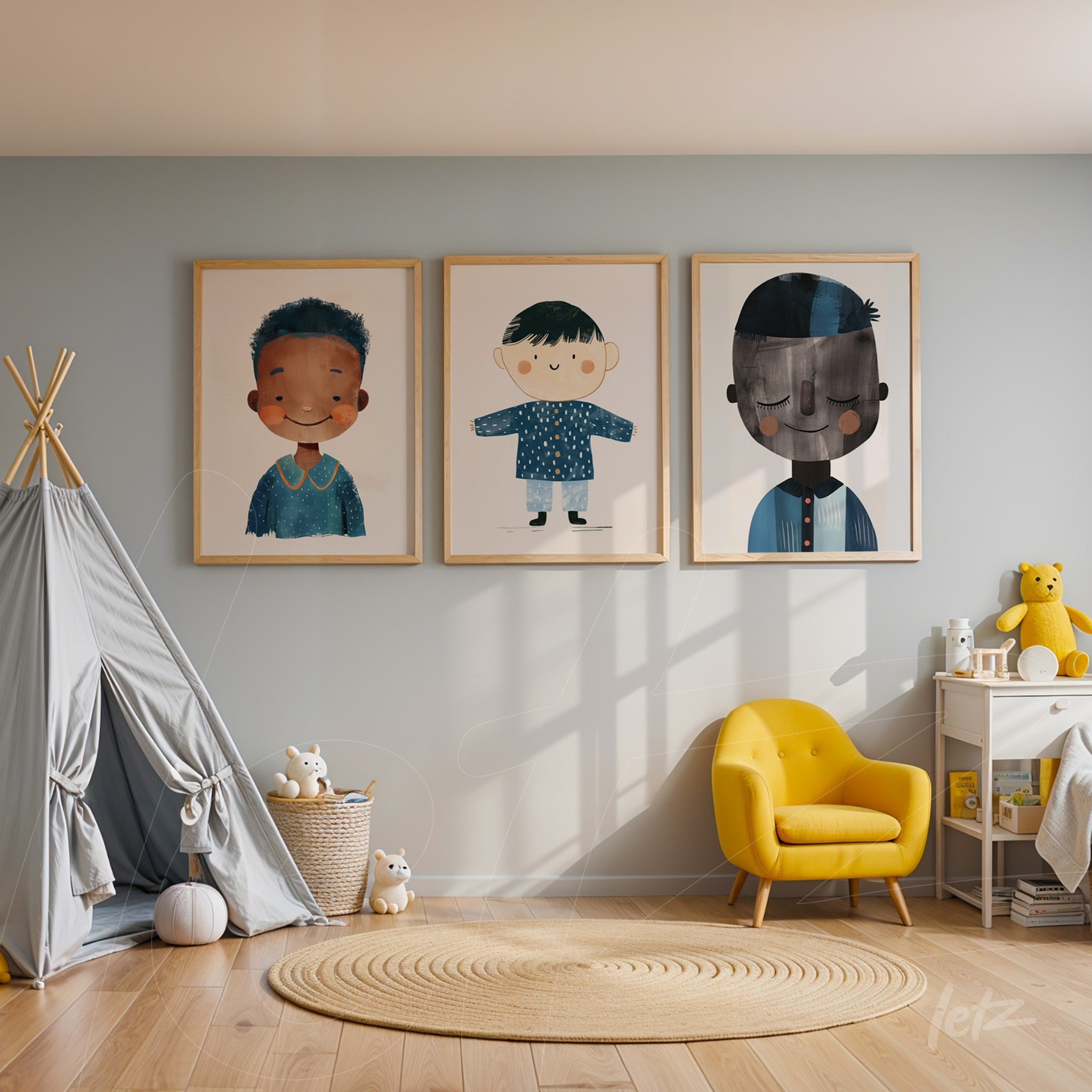 set of three framed artworks featuring illustrations of children in light wood frames on a blue wall, with a cozy children's corner decorated with a yellow chair