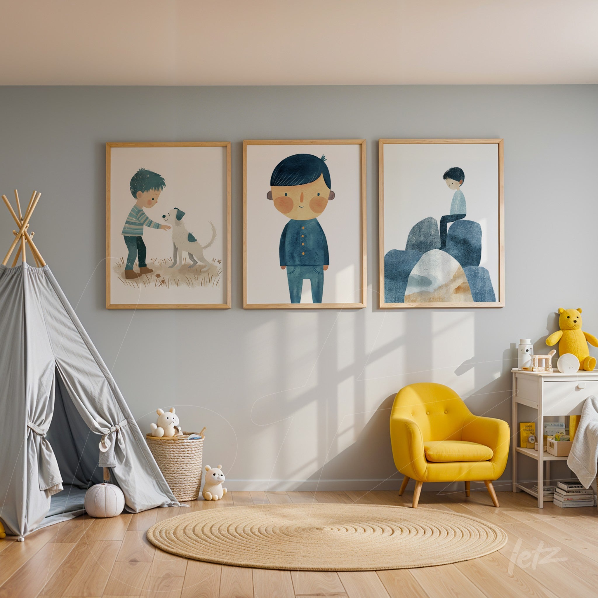 series of children's wall art featuring minimalist illustrations of boys, framed in light wood, displayed on soft blue wall