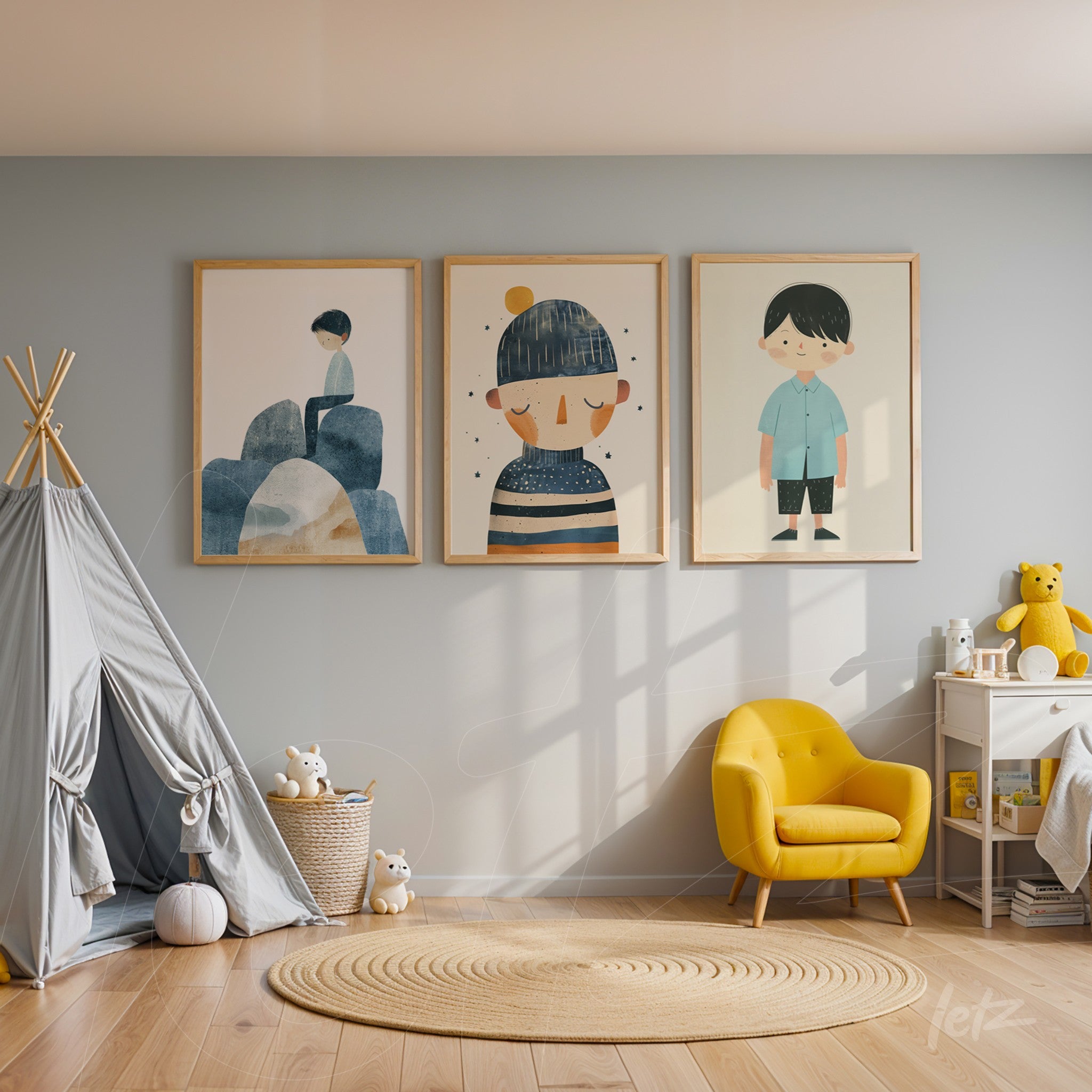 set of three framed decorative artworks featuring modern and playful illustrations on a children's room wall, showcasing a thoughtful boy, a girl in a beanie, and a smiling boy