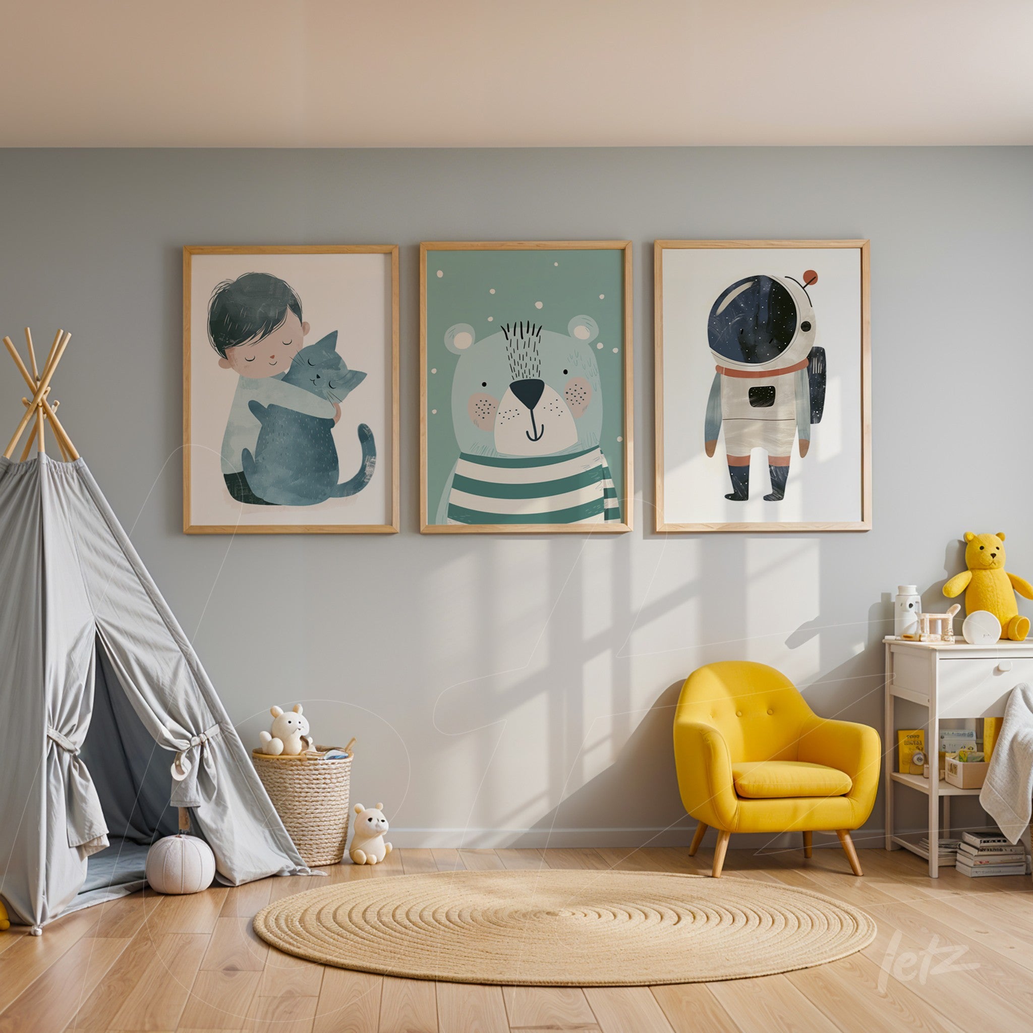 composition of children's framed artwork featuring a boy hugging a cat, a bear on a light blue background, and an astronaut, all in light wooden frames, displayed in a cozy playful setting