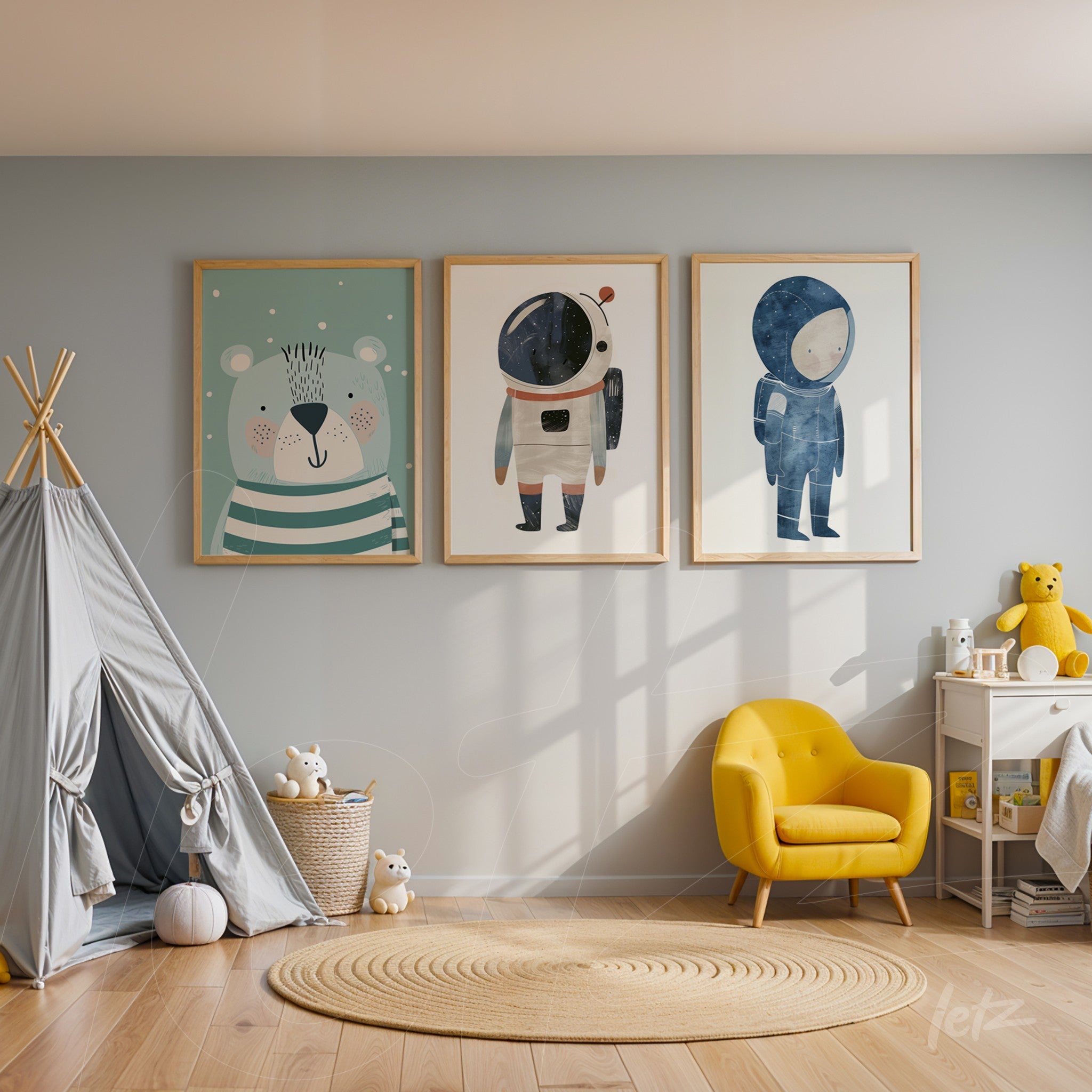 composition of children's wall art featuring illustrations of a bear, an astronaut, and a child against a light blue background, displayed in light wood frames on a soft gray wall