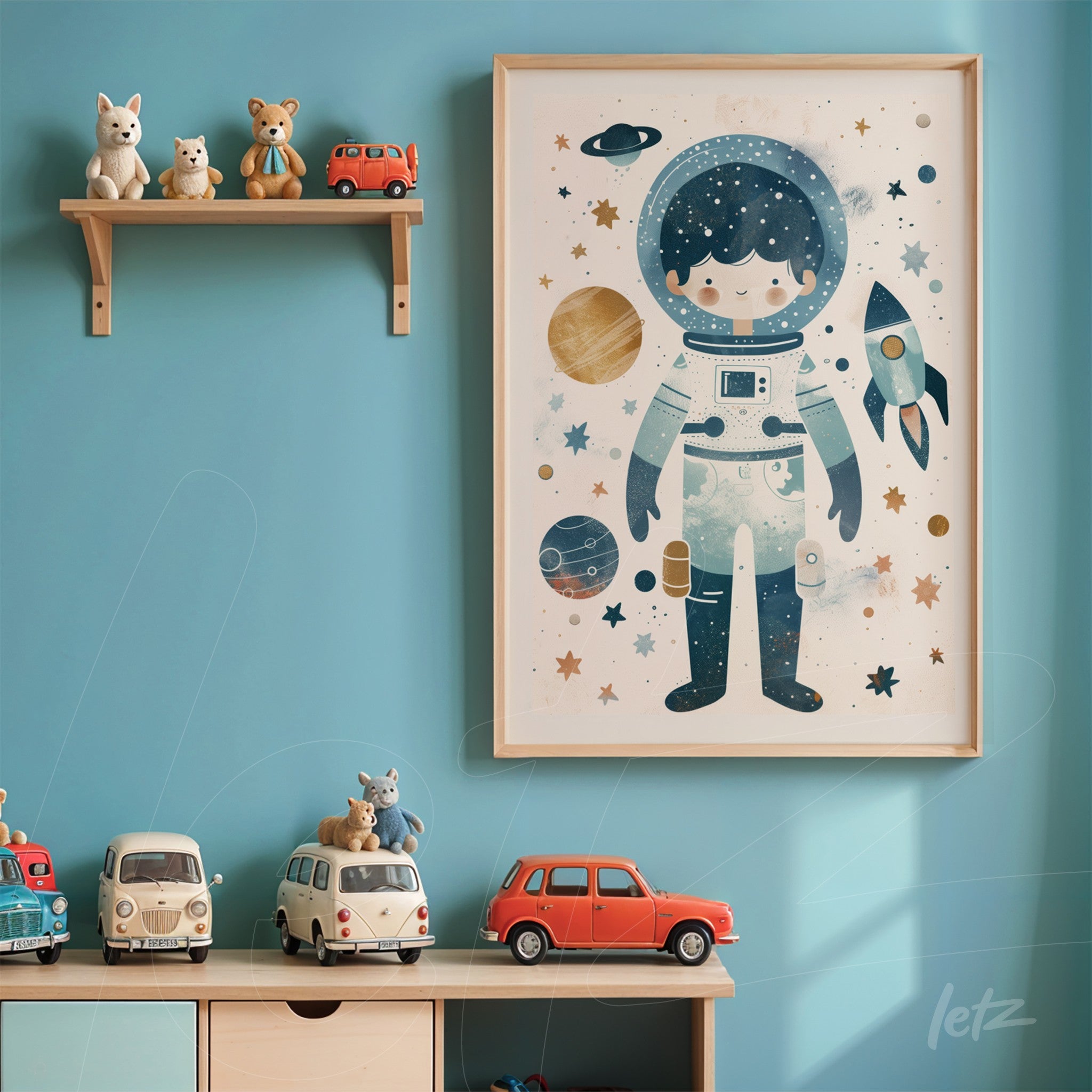 framed children's illustration of an astronaut surrounded by planets and stars in light-colored frame