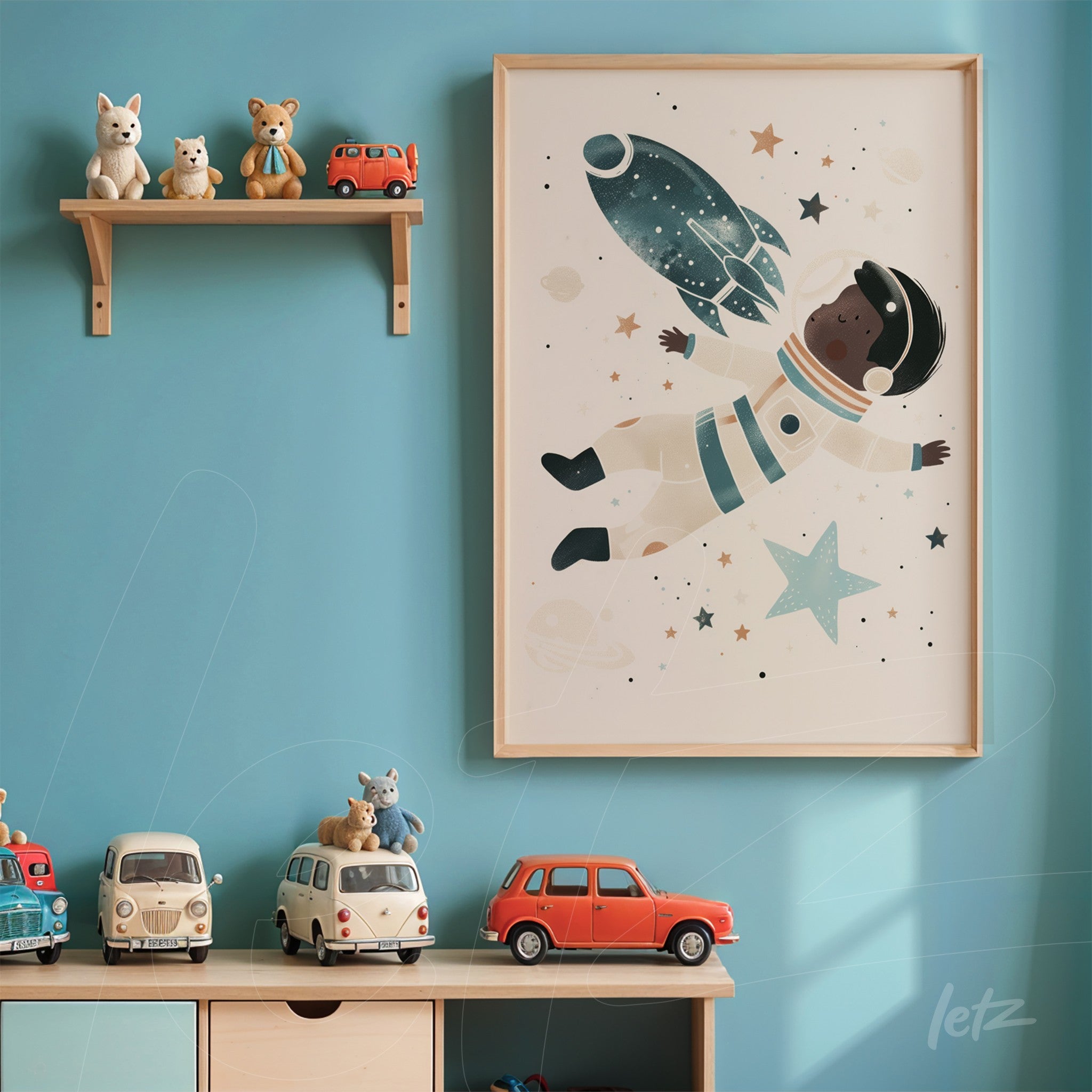 framed children's art of an astronaut floating in space with a light frame on blue wall