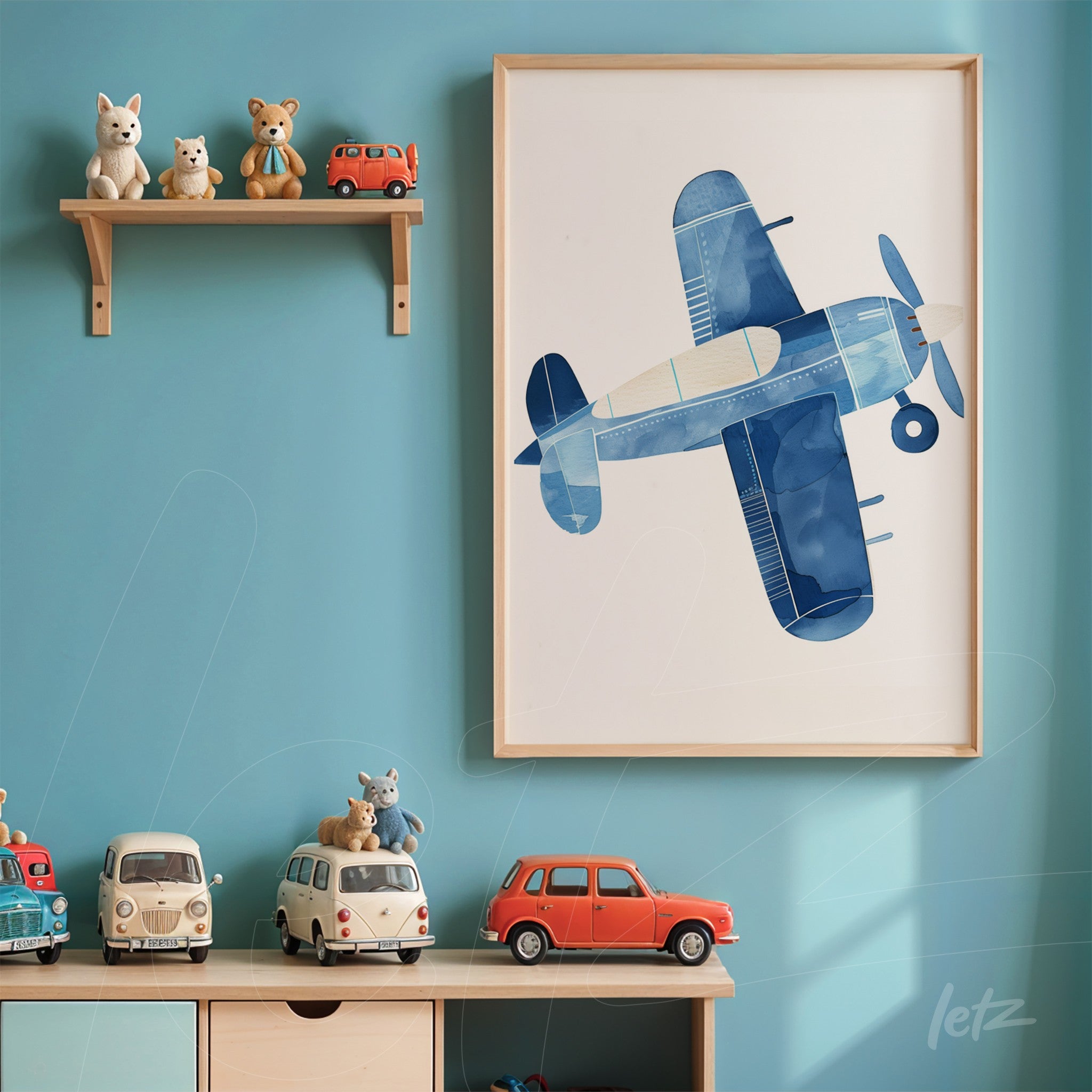 framed art of blue airplane on light wall with shelf displaying toys