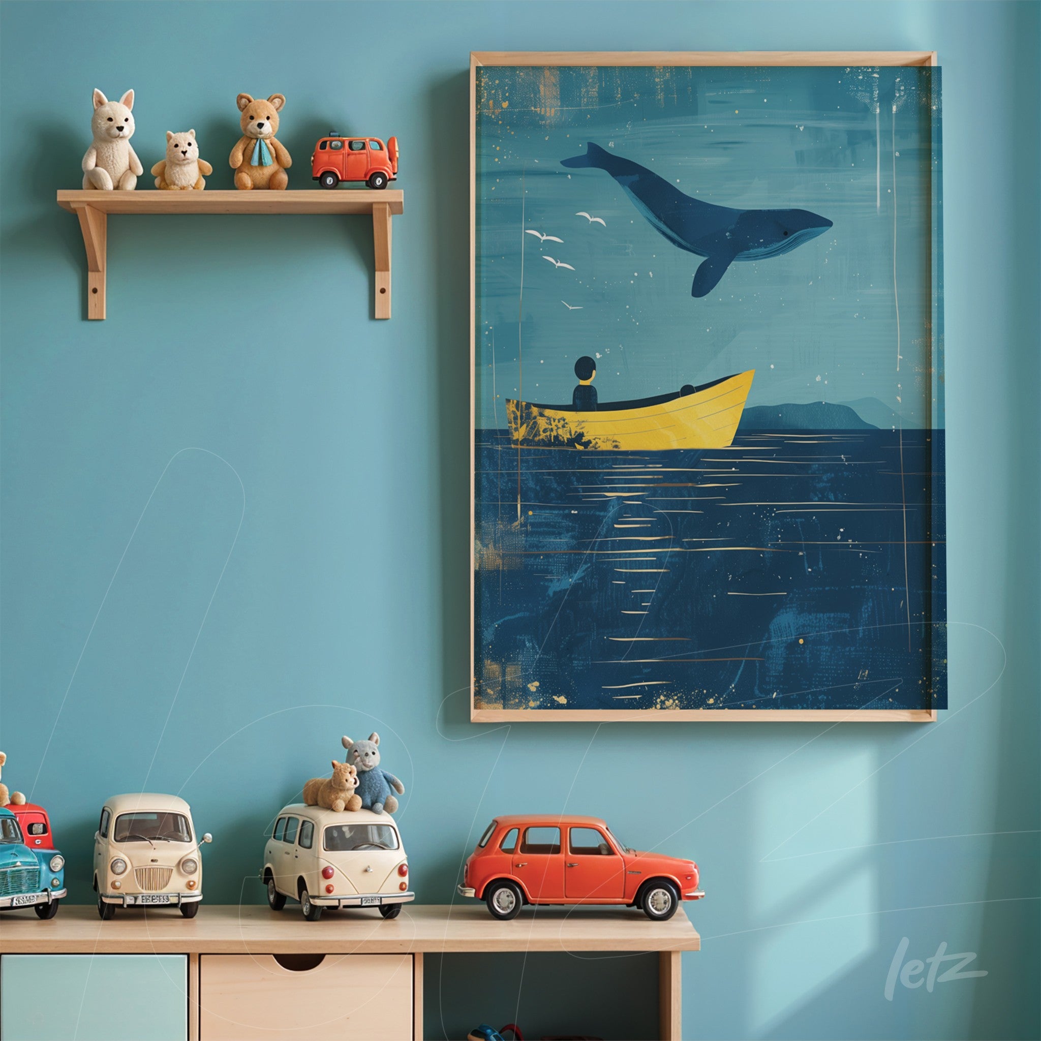framed wall art featuring a yellow boat in blue ocean with a whale jumping in the background, displayed against a blue wall