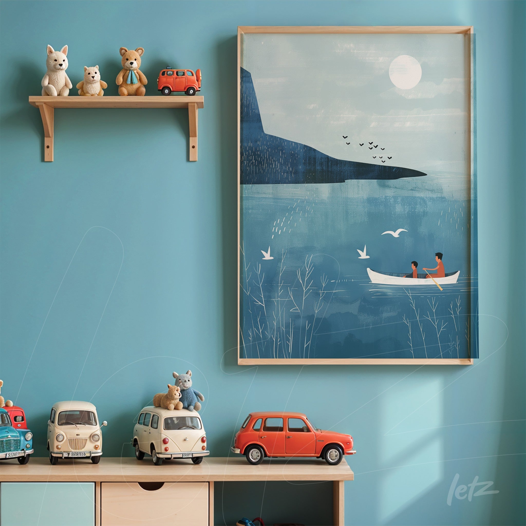 framed art print featuring an illustration of two people in a boat on a serene lake with mountains and a light blue sky in the background