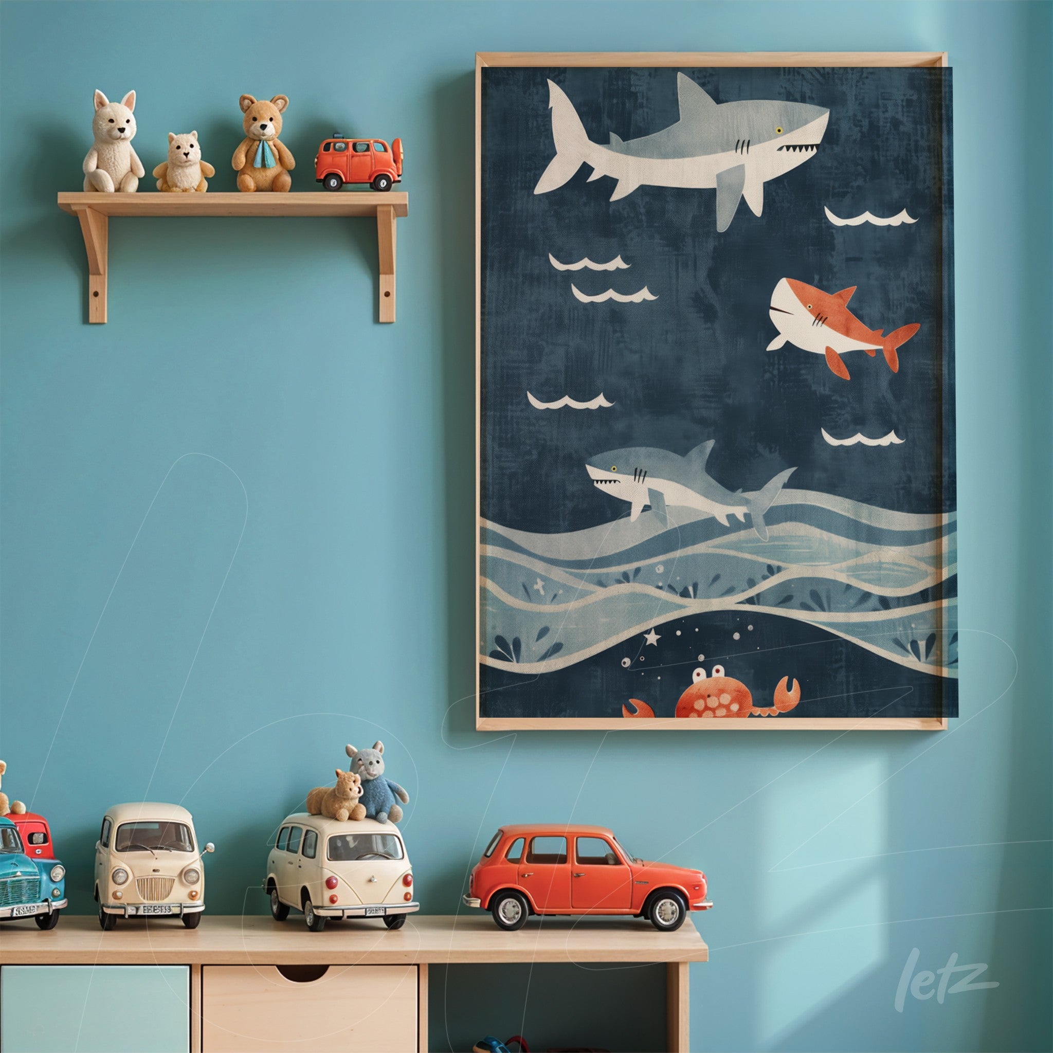 framed playful illustration of sharks swimming in a dark blue background with stylized waves and a crab at the bottom, displayed on a blue wall