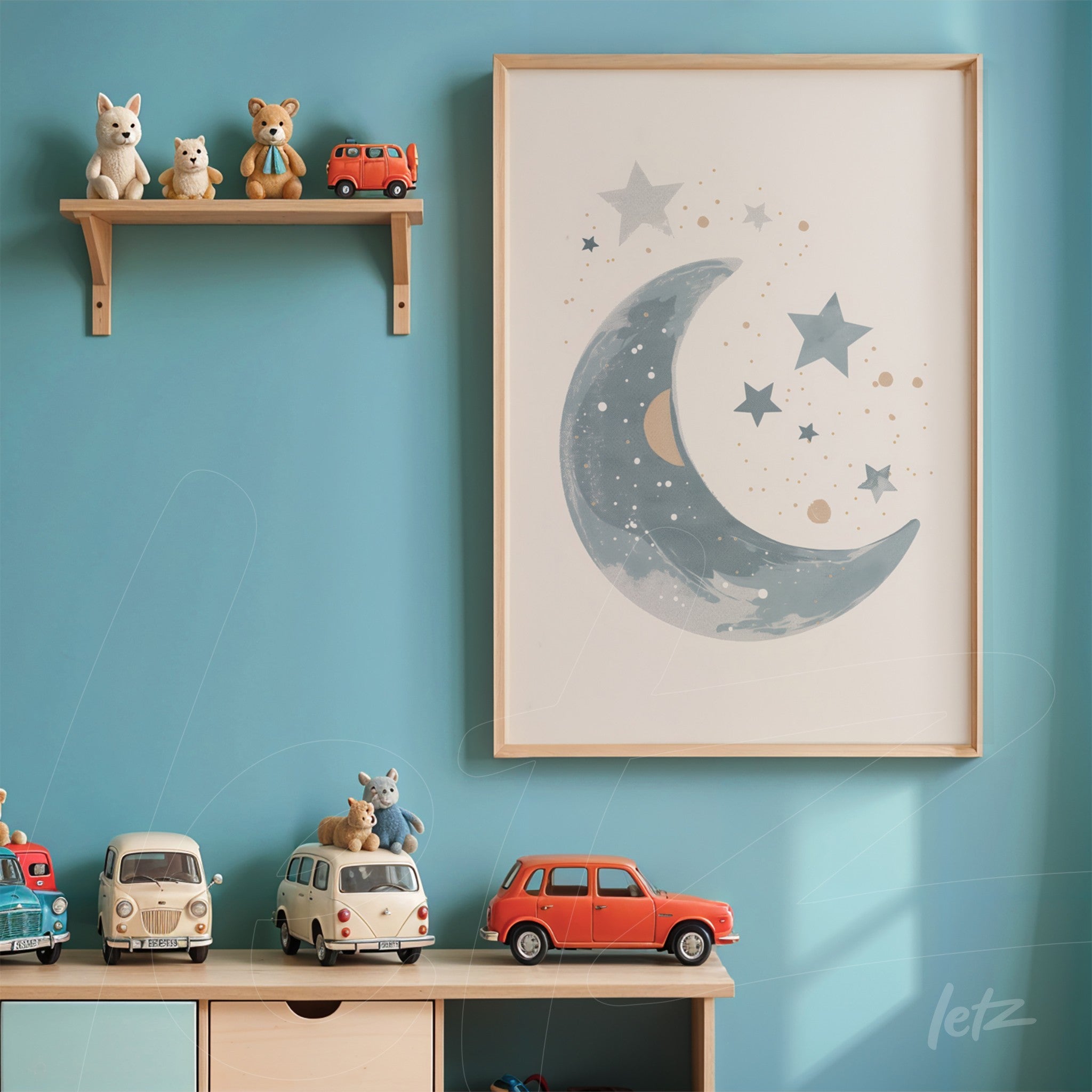 framed artwork of moon and stars in light frame on blue wall, decorated with shelf of toys and miniature cars on the table
