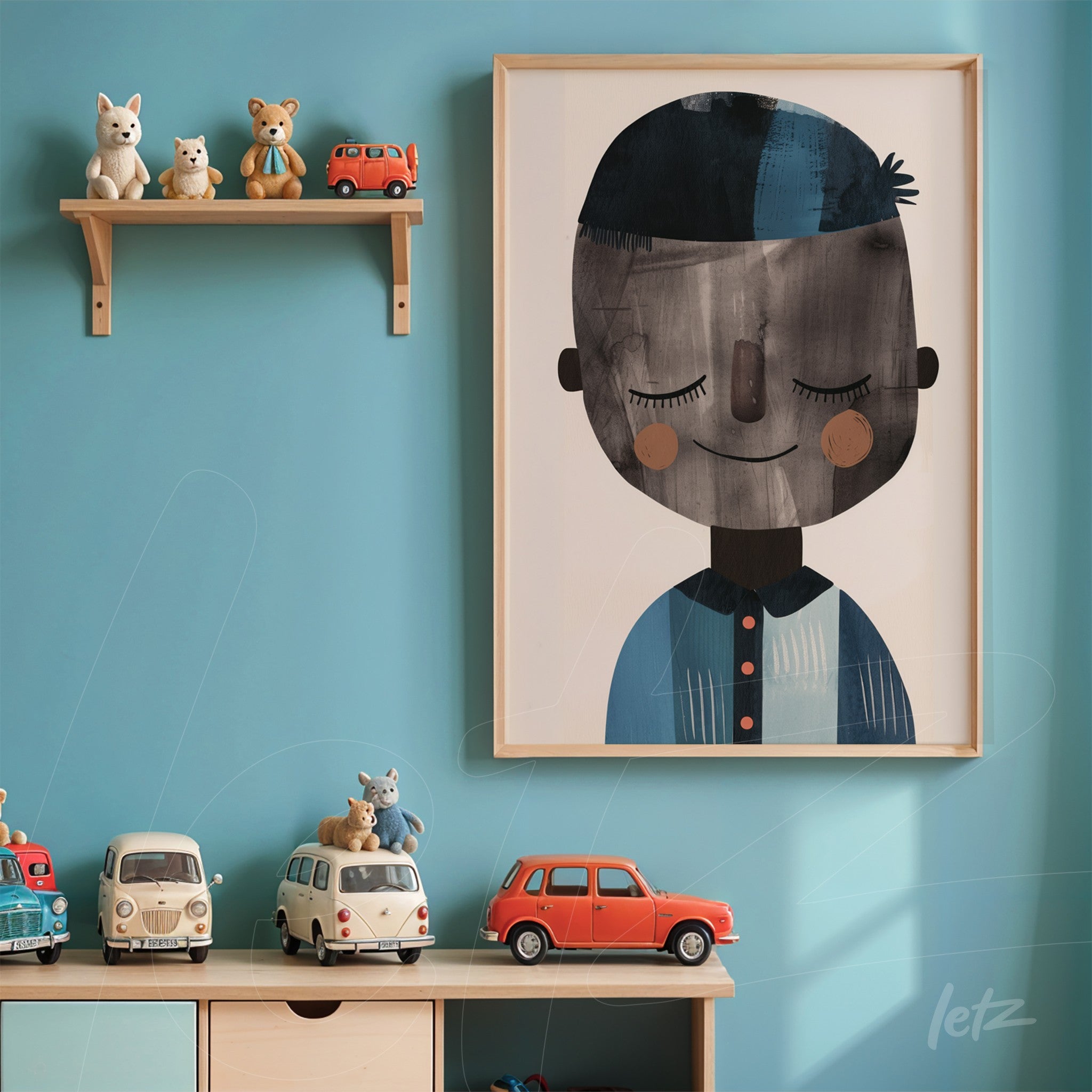 framed wall art featuring a smiling boy illustration with light wooden frame displayed on a blue wall