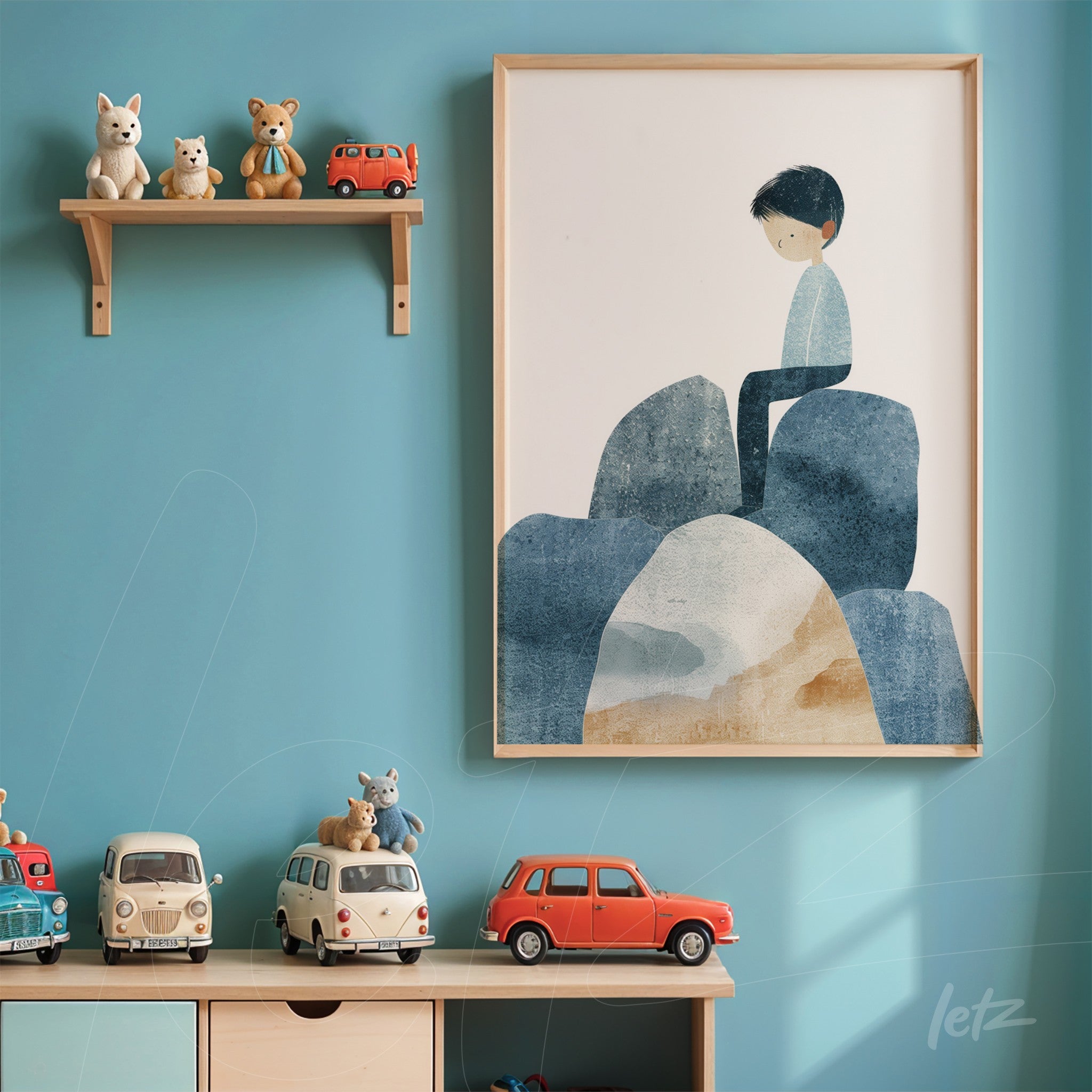 framed wall art featuring a minimalist illustration of a boy sitting on rocks with light wood frame against a blue wall